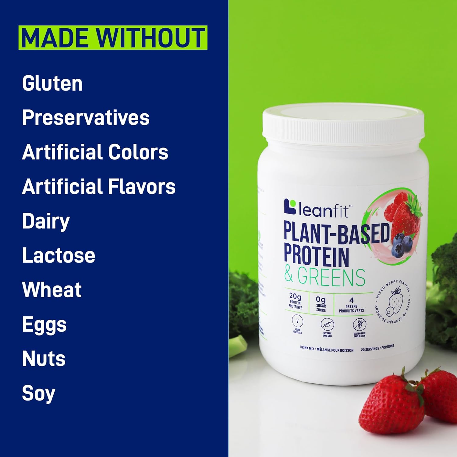 LeanFit Natural Berry Plant-Based Protein & Greens Powder - 20g Protein, 19 Servings - 1.25lb Tub