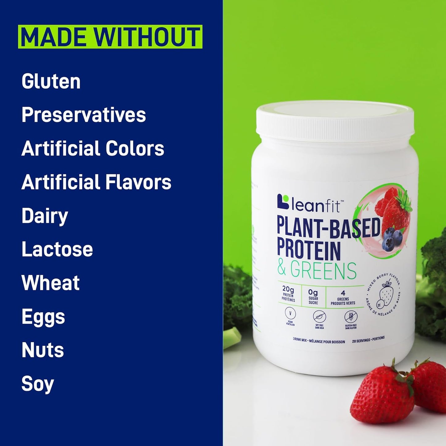LeanFit Natural Berry Plant-Based Protein & Greens Powder - 20g Protein, 19 Servings - 1.25lb Tub