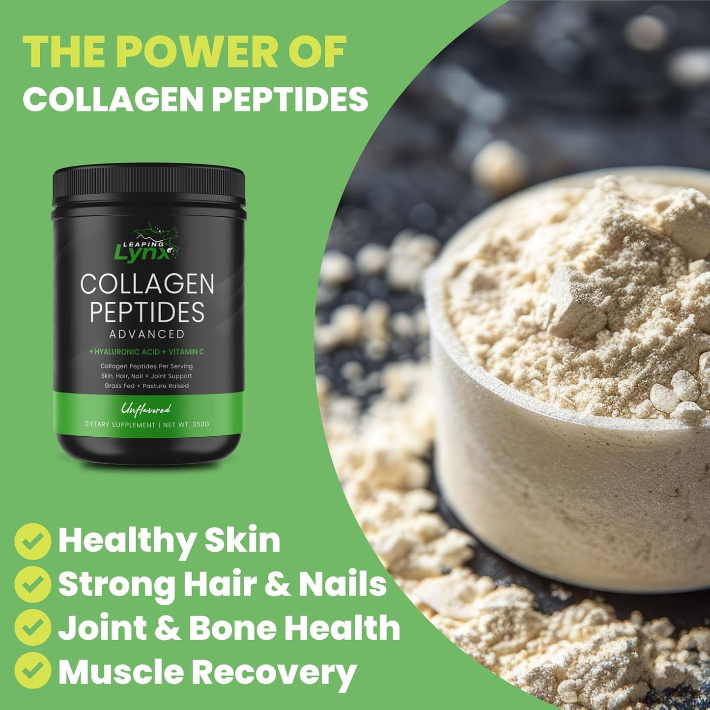 Leaping Lynx Grass-Fed Collagen Peptides Powder - 20g Servings, Unflavored Protein for Hair, Skin, Nails, Joints & Bones - Keto & Paleo Friendly, Type I & III, Gluten Free, Zero Sugar - Non-GMO