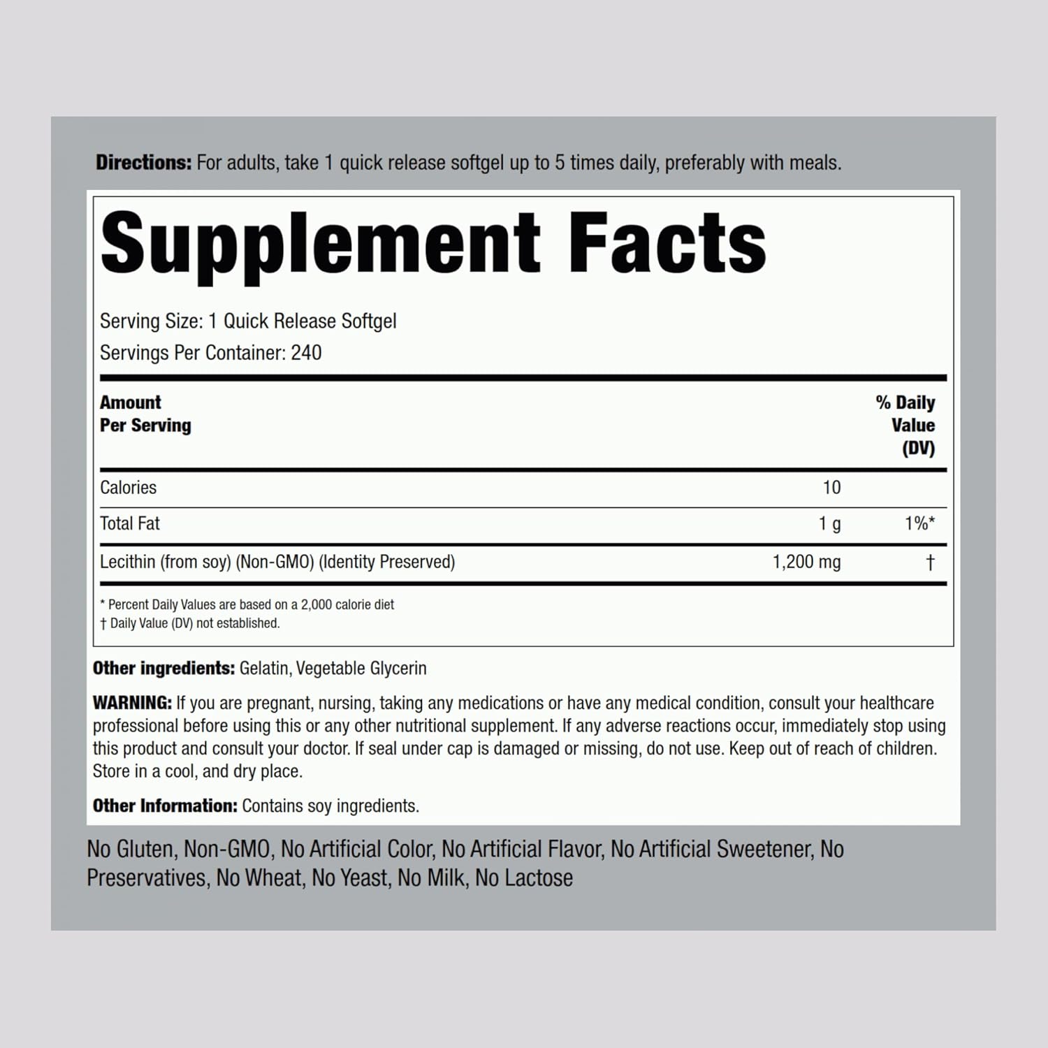 Lecithin 1200mg Softgel Capsules for Men & Women | Non-GMO, Gluten Free | 240 Count