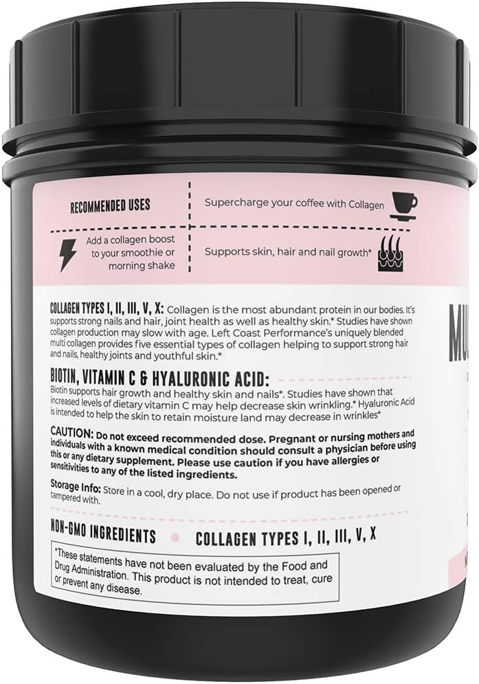 Left Coast Performance Multi Collagen Peptides Powder with Hyaluronic Acid, Biotin, Vitamin C - Skin, Hair, Nails, Joints, and Gut Health - Keto, Non-GMO Supplement