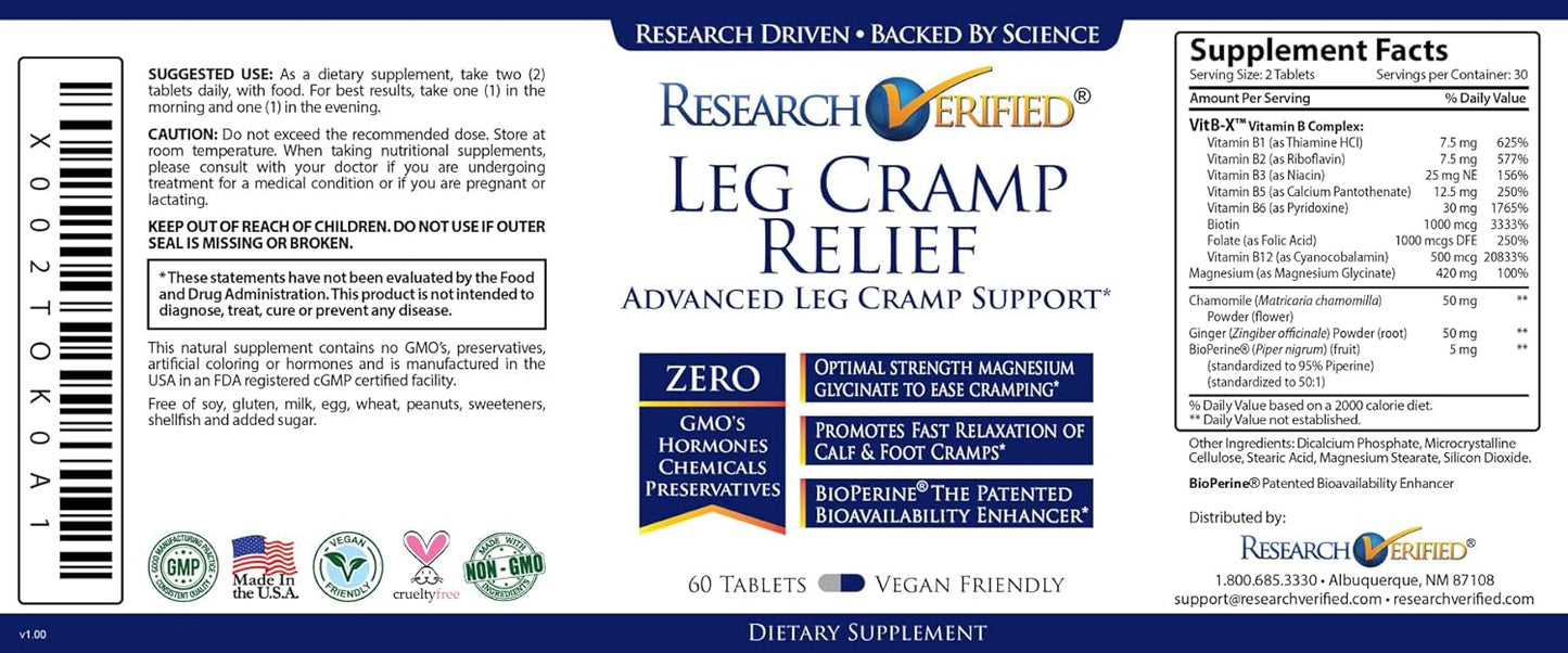 Leg Cramp Relief Supplement with Magnesium, B Vitamins, Ginger, Chamomile, BioPerine - Vegan Formula for Circulation Support - 6 Month Supply