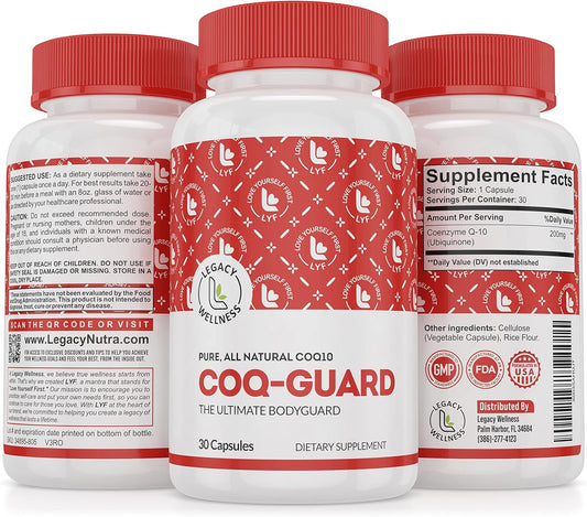 LegacyNutra CoQ-GUARD CoQ10 200mg Supplement - High Potency for Energy, Heart Health & Antioxidant Support - Non-GMO Ubiquinone Capsules for Wellness