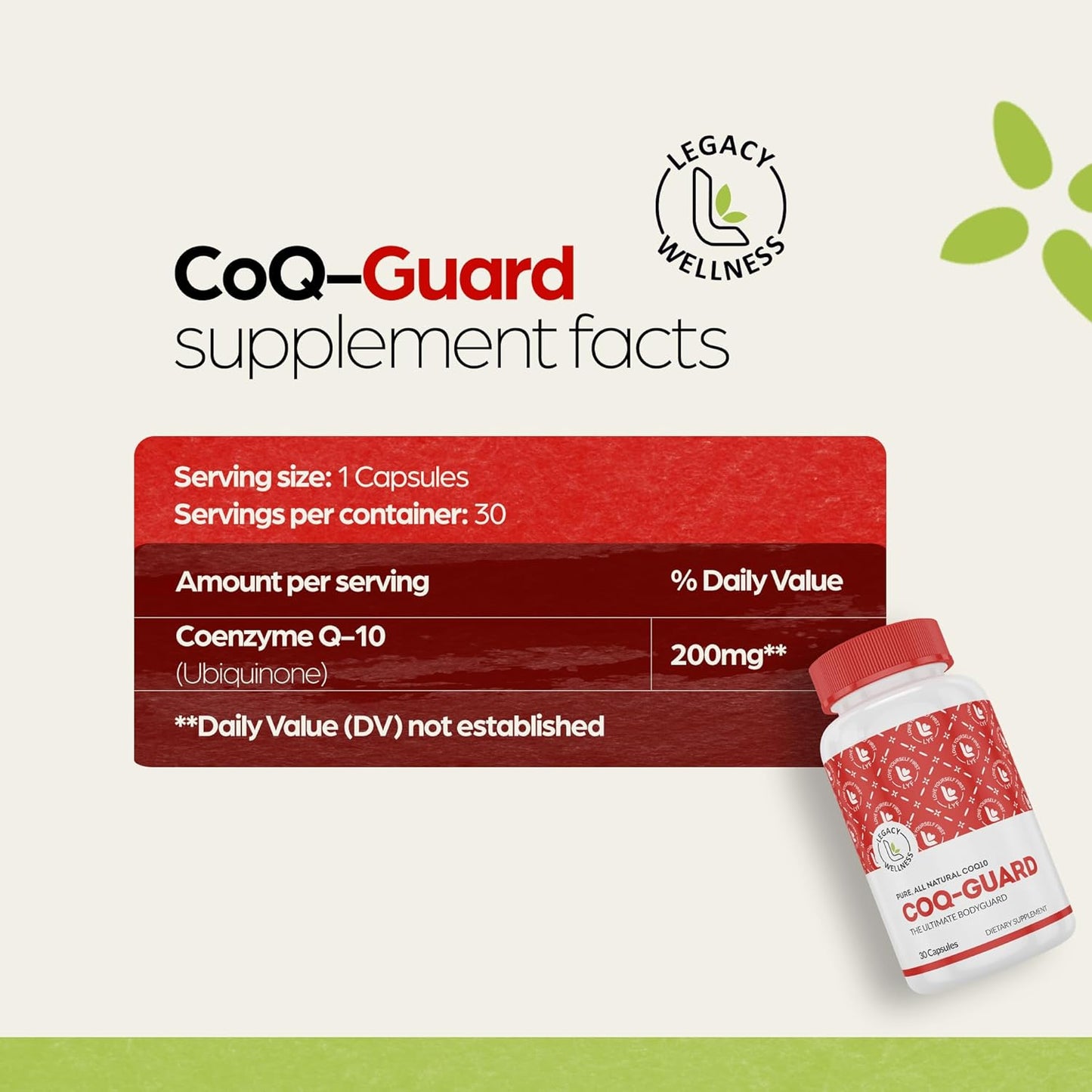 LegacyNutra CoQ-GUARD CoQ10 200mg Supplement - High Potency for Energy, Heart Health & Antioxidant Support - Non-GMO Ubiquinone Capsules for Wellness
