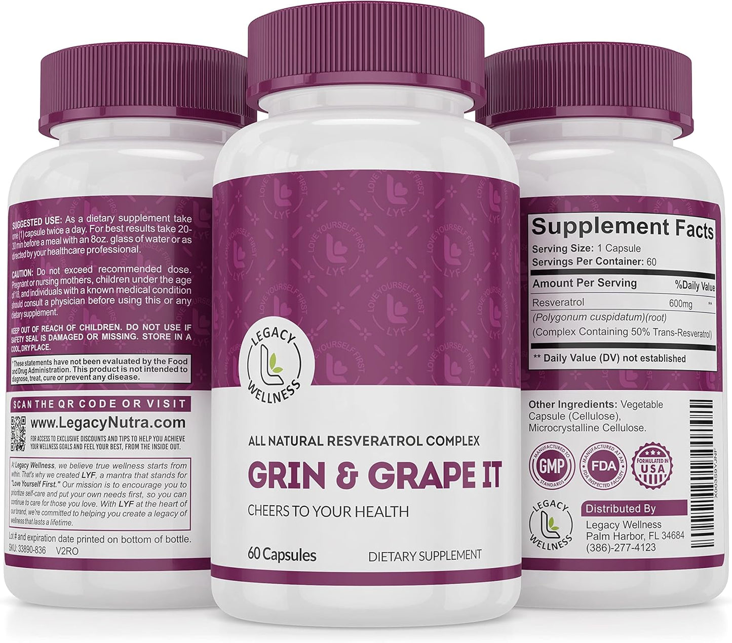 LegacyNutra GRIN & Grape IT Resveratrol Supplement - Supports Healthy Aging & Vitality - 600mg Trans-Resveratrol Capsules for Skin, Immune, Digestive, Cardiovascular, Brain, Joint Health