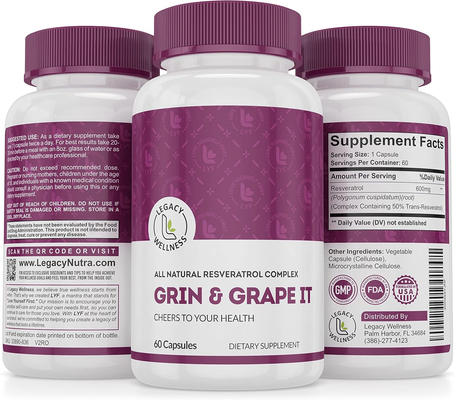 LegacyNutra GRIN & Grape IT Resveratrol Supplement - Supports Healthy Aging & Vitality - 600mg Trans-Resveratrol Capsules for Skin, Immune, Digestive, Cardiovascular, Brain, Joint Health