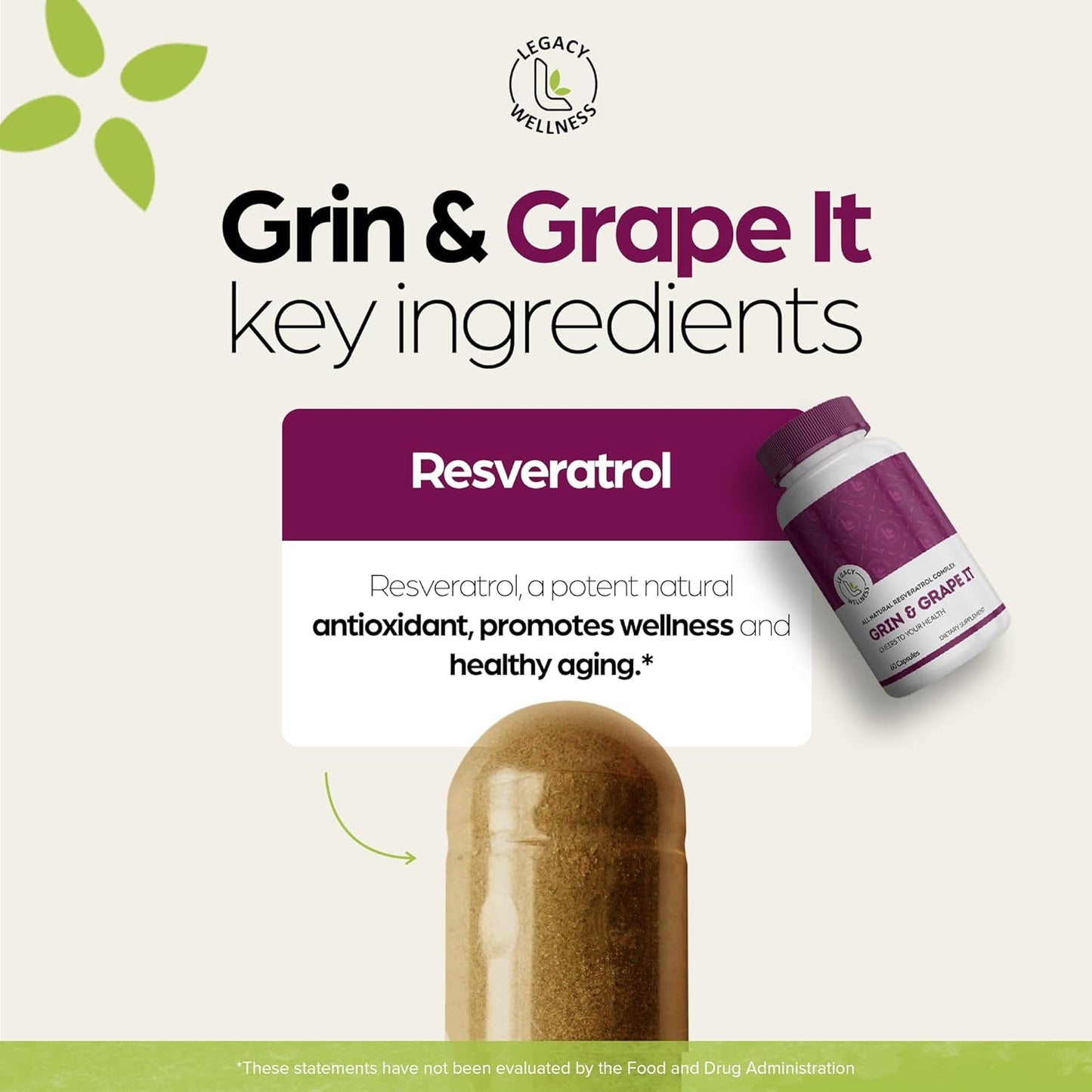 LegacyNutra GRIN & Grape IT Resveratrol Supplement - Supports Healthy Aging & Vitality - 600mg Trans-Resveratrol Capsules for Skin, Immune, Digestive, Cardiovascular, Brain, Joint Health