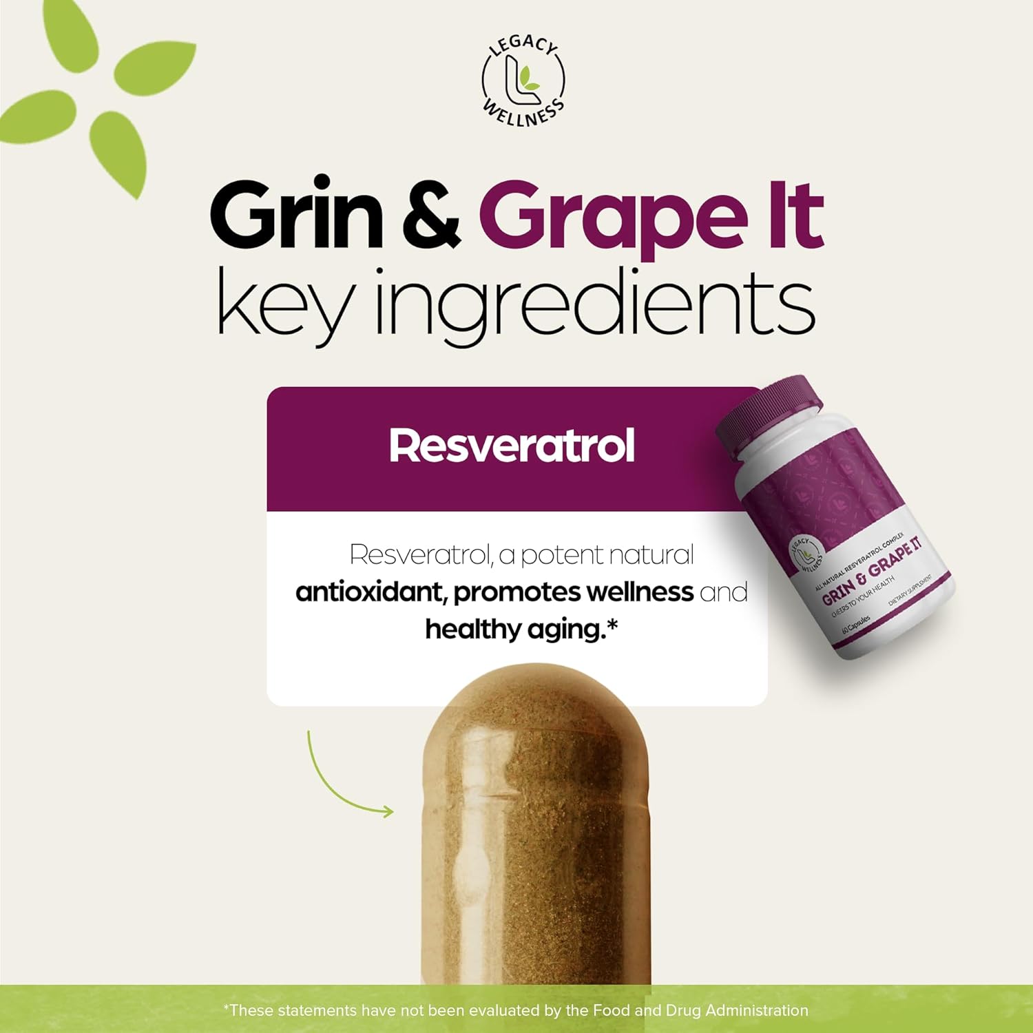 LegacyNutra GRIN & Grape IT Resveratrol Supplement - Supports Healthy Aging & Vitality - 600mg Trans-Resveratrol Capsules for Skin, Immune, Digestive, Cardiovascular, Brain, Joint Health