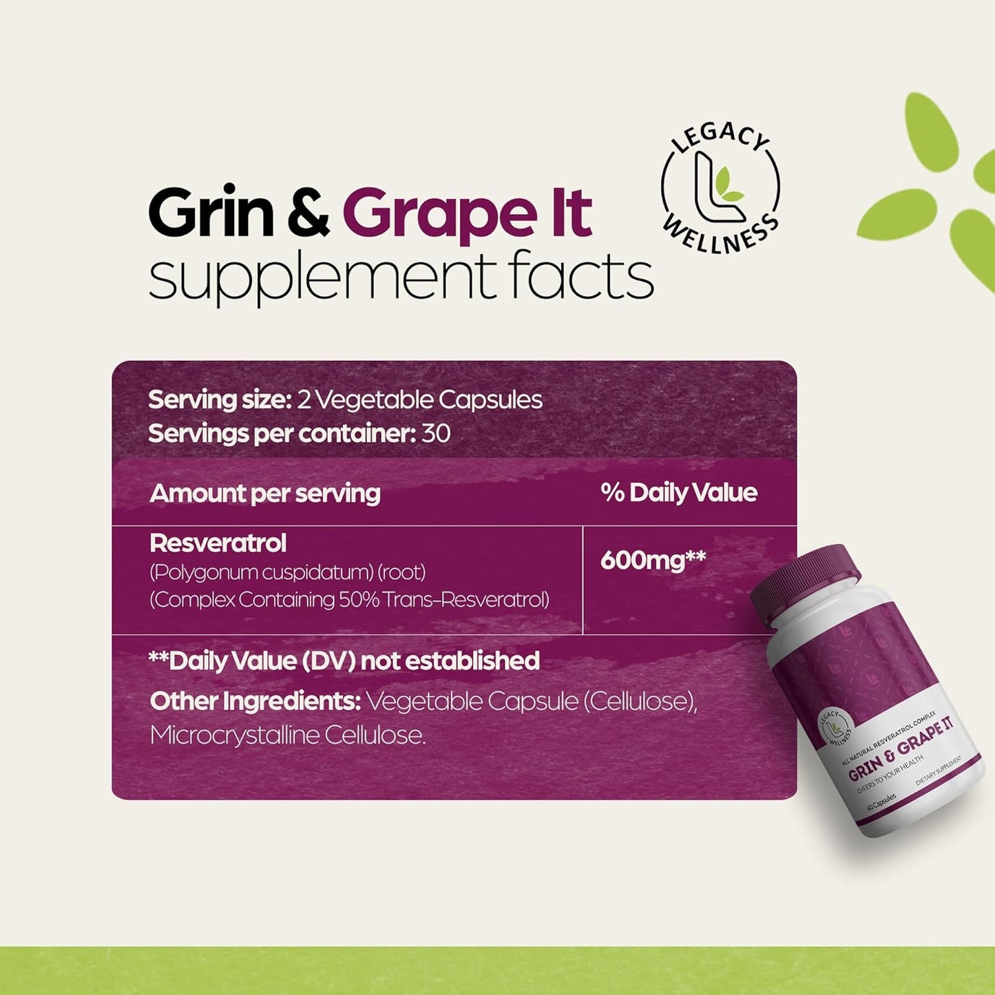 LegacyNutra GRIN & Grape IT Resveratrol Supplement - Supports Healthy Aging & Vitality - 600mg Trans-Resveratrol Capsules for Skin, Immune, Digestive, Cardiovascular, Brain, Joint Health