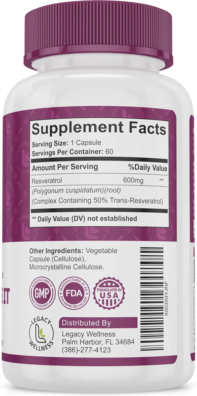 LegacyNutra GRIN & Grape IT Resveratrol Supplement - Supports Healthy Aging & Vitality - 600mg Trans-Resveratrol Capsules for Skin, Immune, Digestive, Cardiovascular, Brain, Joint Health