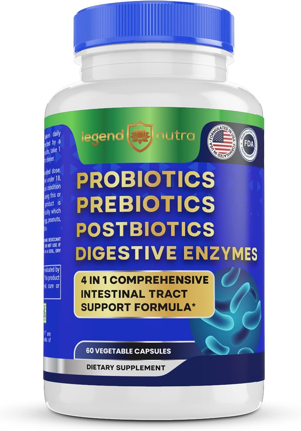 Legend Nutra 4-in-1 Digestive Supplement 60 Count - Probiotics, Prebiotics, Postbiotics, Enzymes