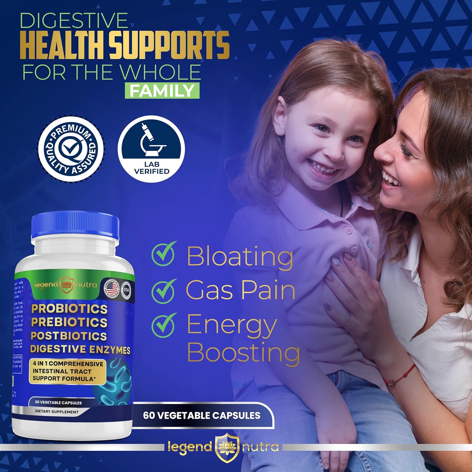 Legend Nutra 4-in-1 Digestive Supplement 60 Count - Probiotics, Prebiotics, Postbiotics, Enzymes