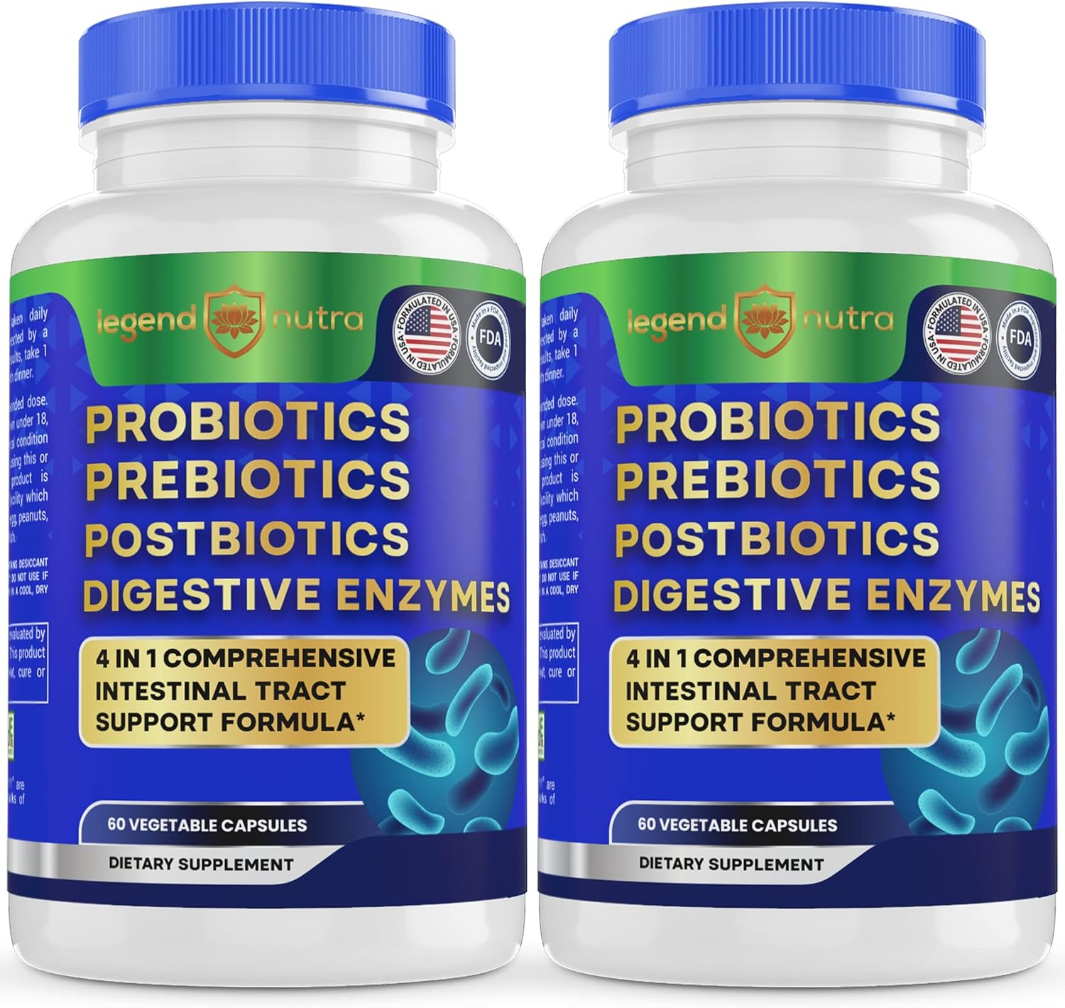 Legend Nutra Probiotics with Prebiotics & Digestive Enzymes - 4-in-1 Formula for Gut Health - 2-Pack, 120 Count for Men and Women