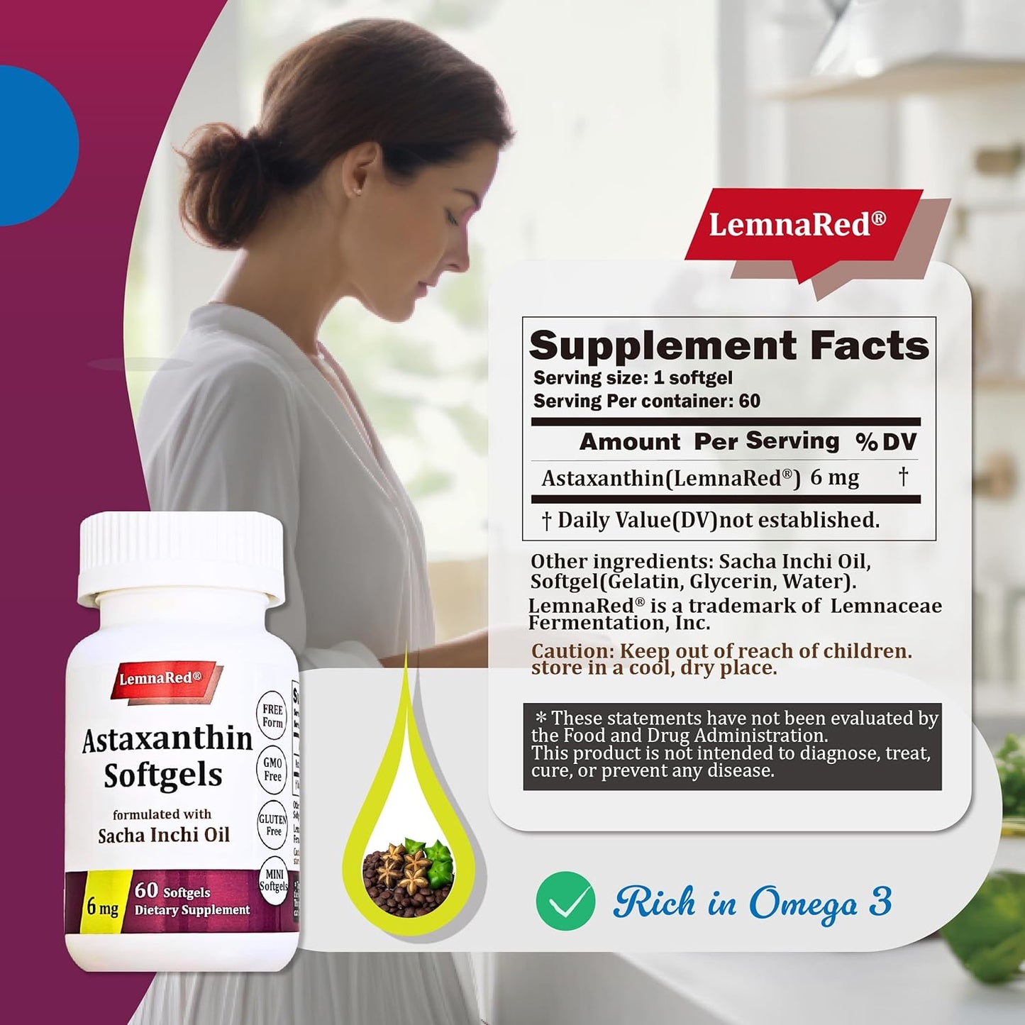LemnaRed Astaxanthin Softgels - 6mg Free-Form Antioxidant Supplement with Sacha Inchi Oil - 60 Softgels for Immune, Eye, Joint & Skin Health