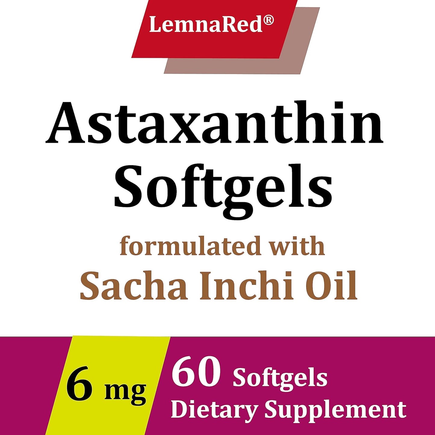 LemnaRed Astaxanthin Softgels - 6mg Free-Form Antioxidant Supplement with Sacha Inchi Oil - 60 Softgels for Immune, Eye, Joint & Skin Health