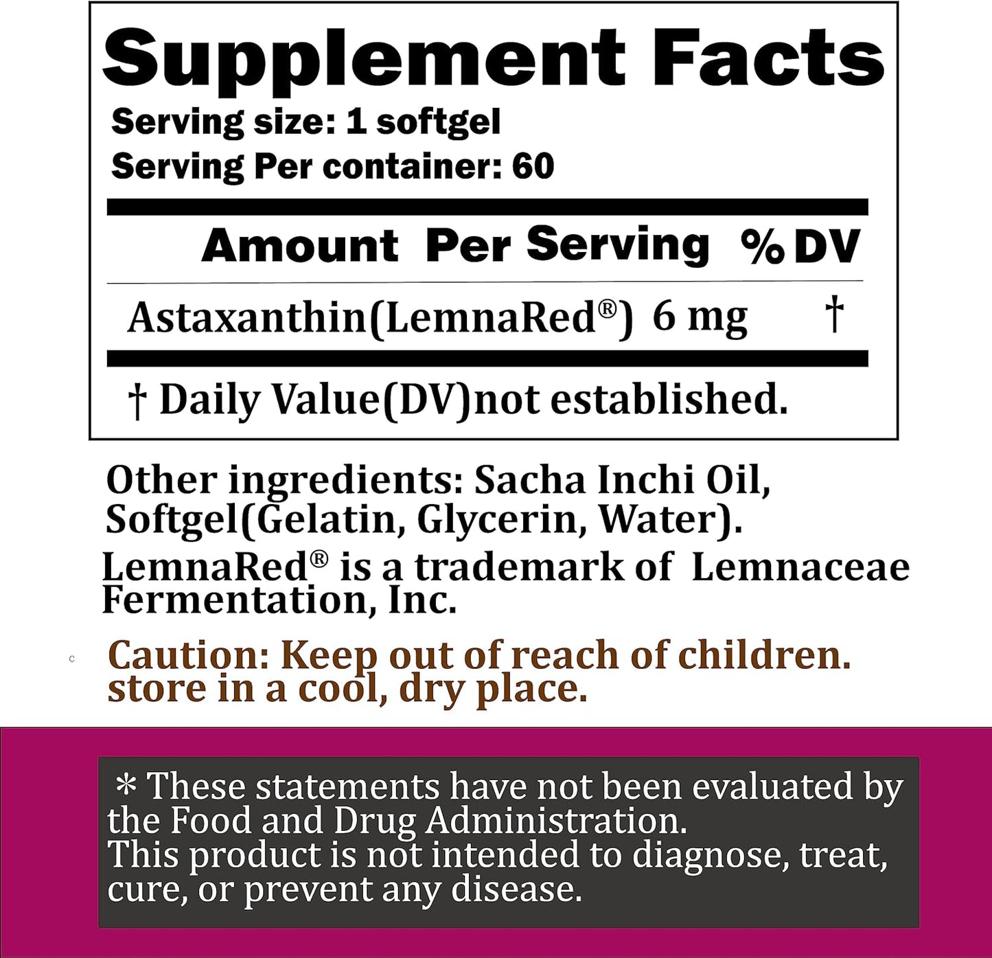 LemnaRed Astaxanthin Softgels - 6mg Free-Form Antioxidant Supplement with Sacha Inchi Oil - 60 Softgels for Immune, Eye, Joint & Skin Health