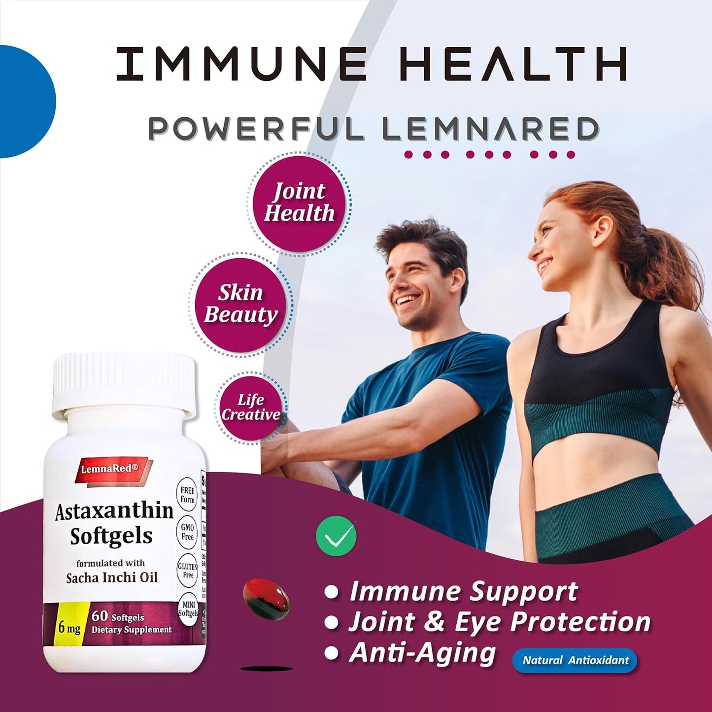 LemnaRed Astaxanthin Softgels - 6mg Free-Form Antioxidant Supplement with Sacha Inchi Oil - 60 Softgels for Immune, Eye, Joint & Skin Health