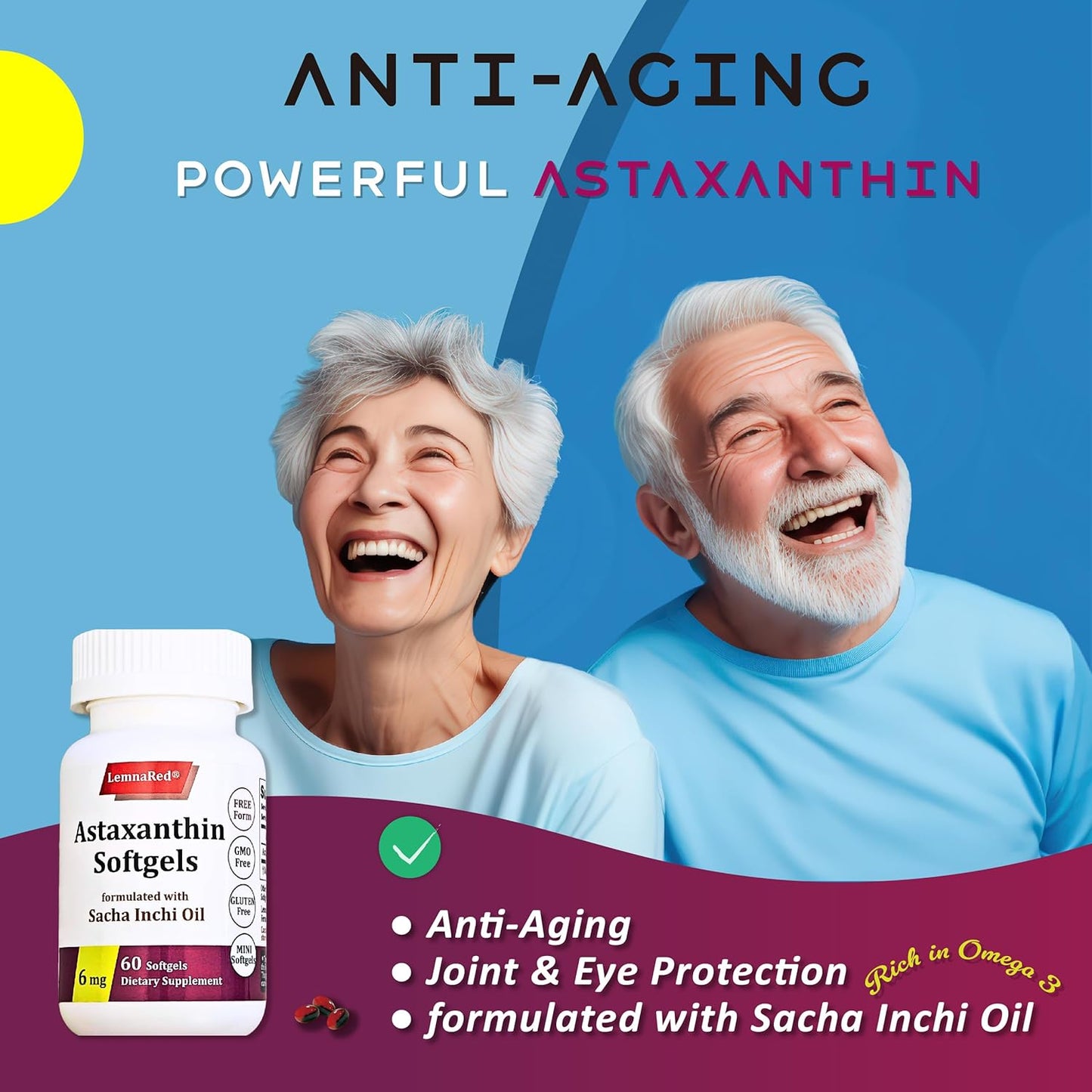 LemnaRed Astaxanthin Softgels - 6mg Free-Form Antioxidant Supplement with Sacha Inchi Oil - 60 Softgels for Immune, Eye, Joint & Skin Health