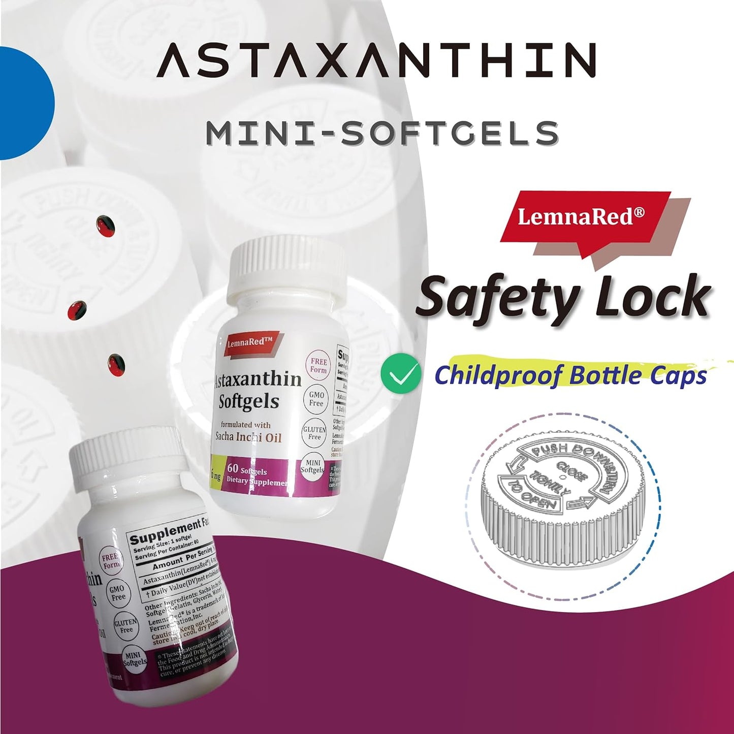 LemnaRed Astaxanthin Softgels - 6mg Free-Form Antioxidant Supplement with Sacha Inchi Oil - 60 Softgels for Immune, Eye, Joint & Skin Health