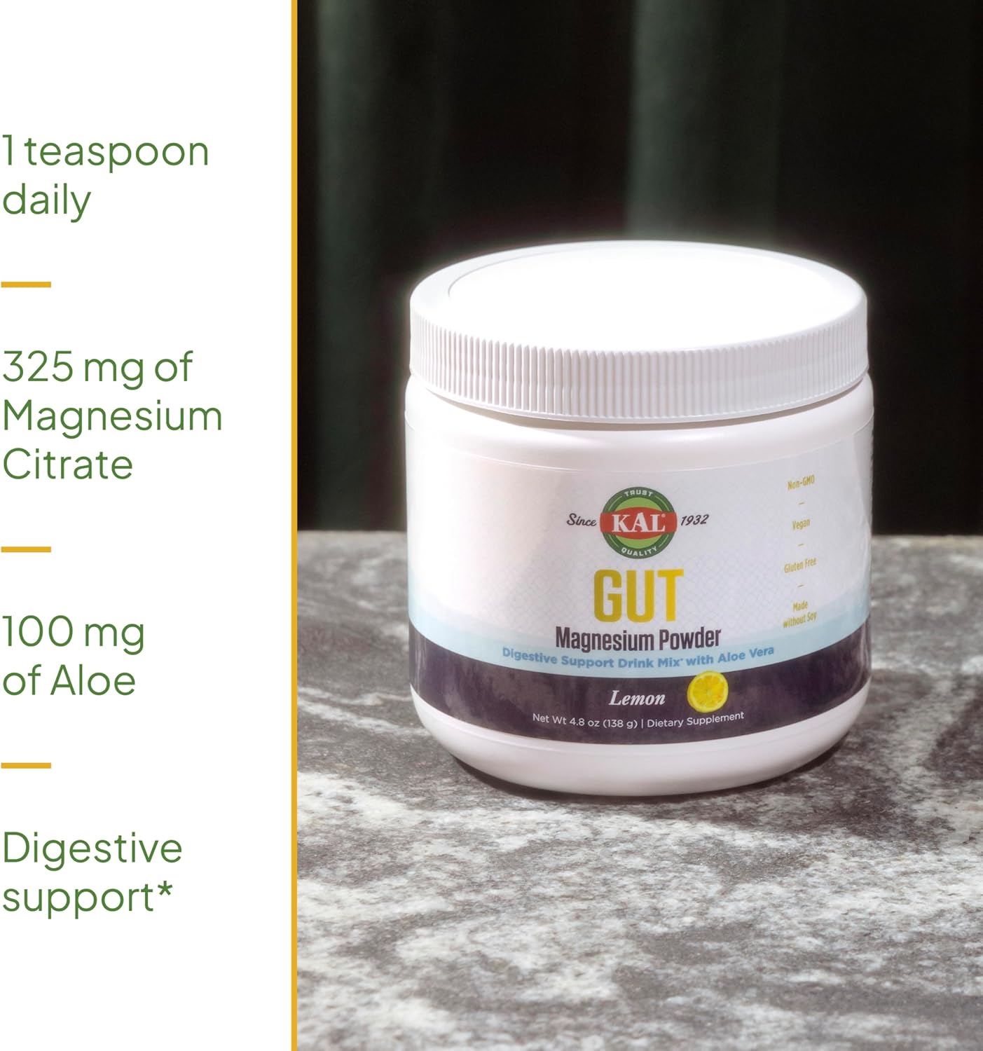 Lemon Aloe Vera Magnesium Citrate Powder Mix - Digestion & Relaxation Support - No Sugar - 40 Servings, 4.8 OZ - 60-Day Guarantee