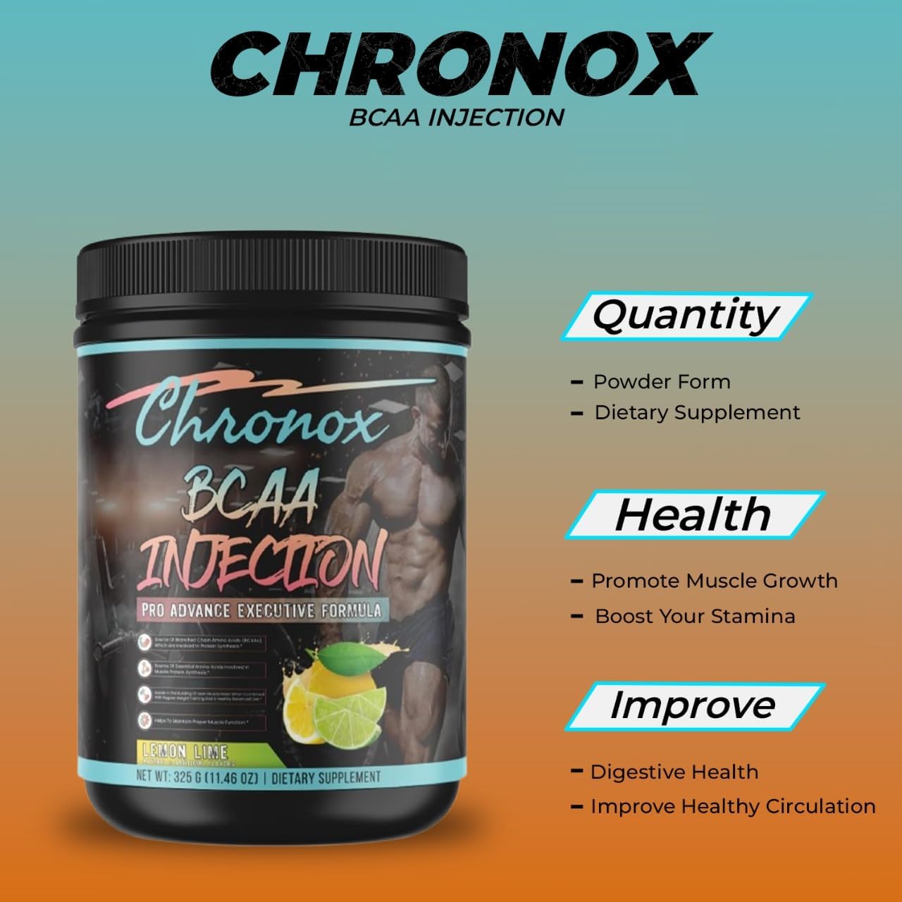 Lemon Flavored Chronox BCAA Amino-Acids Energy Blend Powder - Sugar & Stimulant-Free Pre & Post-Workout Supplement (11.46 Oz) for Men & Women