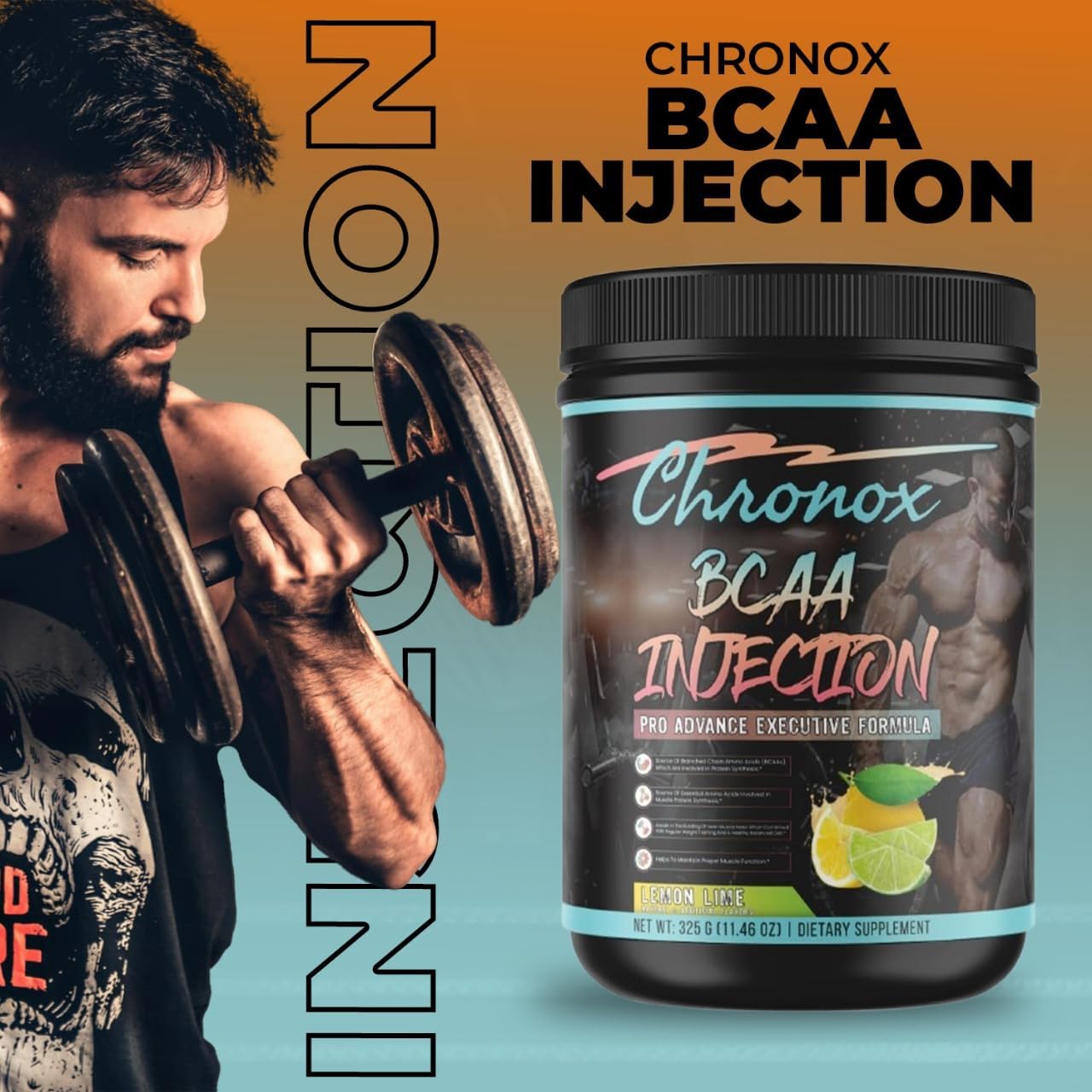 Lemon Flavored Chronox BCAA Amino-Acids Energy Blend Powder - Sugar & Stimulant-Free Pre & Post-Workout Supplement (11.46 Oz) for Men & Women