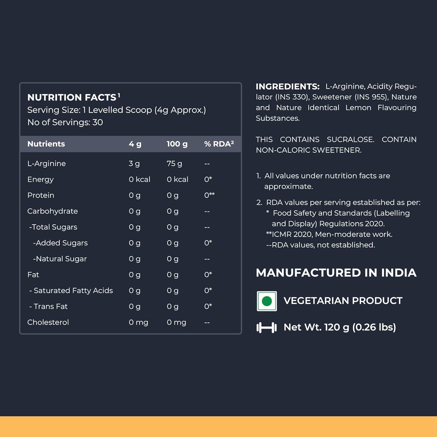 Lemon Flavored L-Arginine Supplement Powder for Pre-Workout Endurance, Muscle Building, and Recovery - 120g