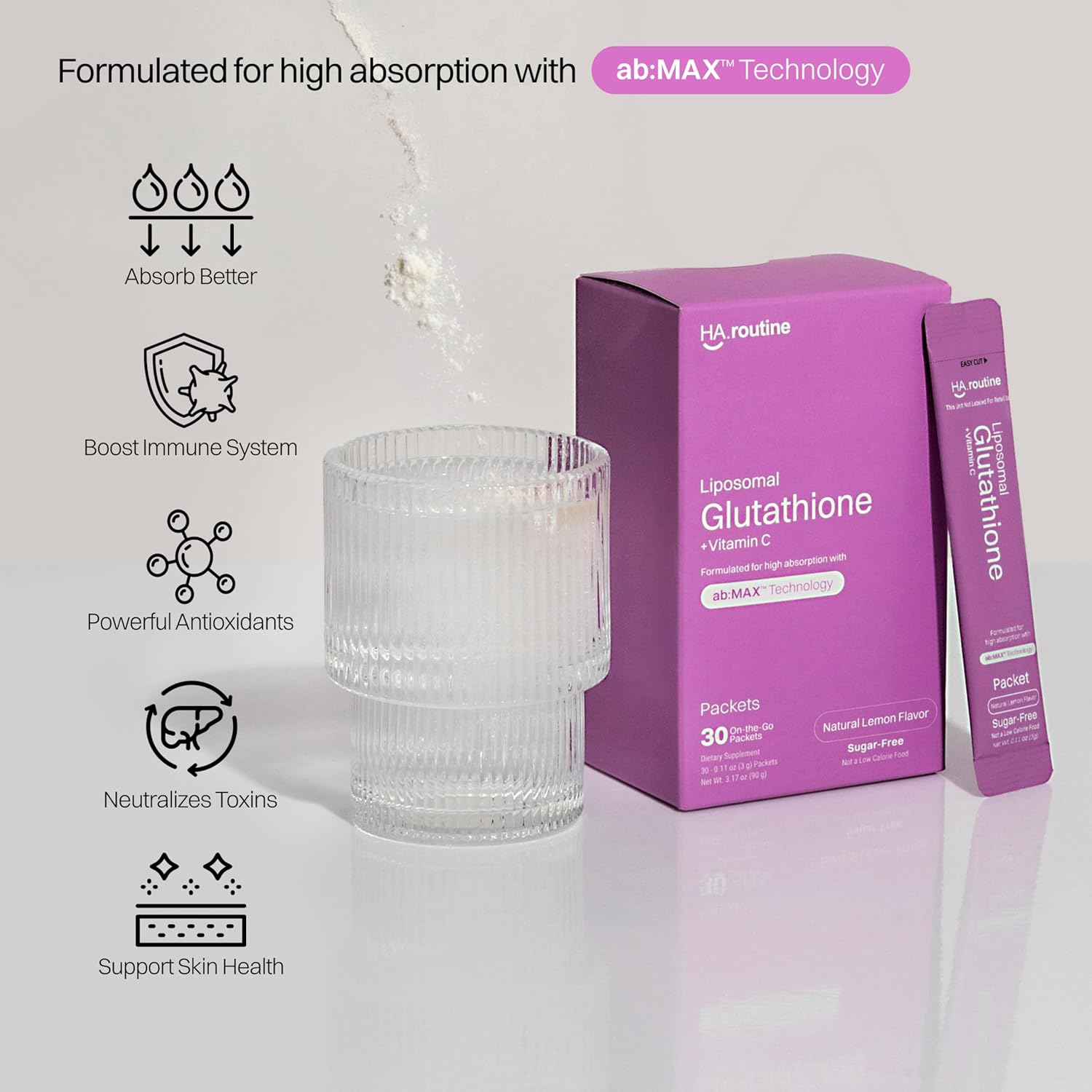 Lemon Flavored Liposomal Glutathione Powder with Vitamin C - 30 Packets for Skin Health & Detox