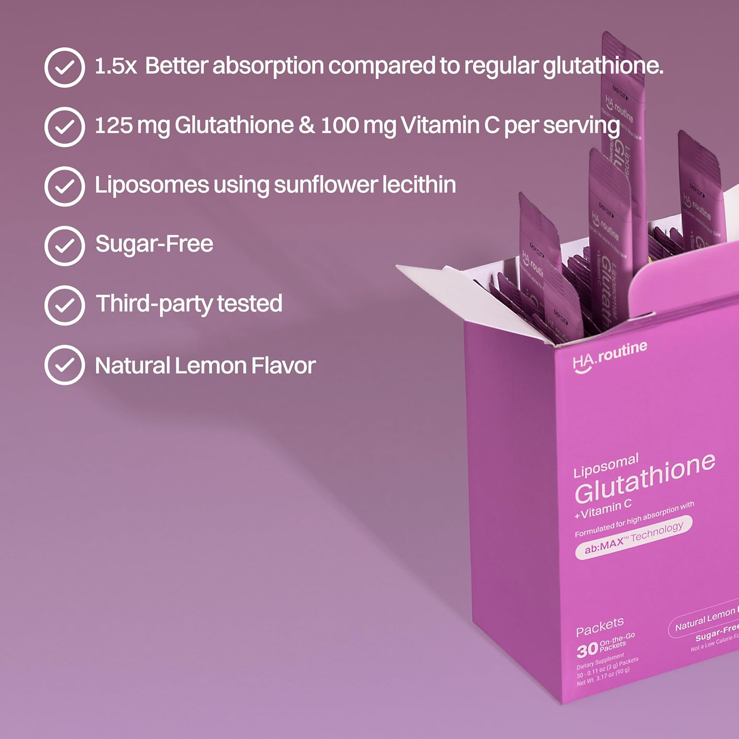 Lemon Flavored Liposomal Glutathione Powder with Vitamin C - 30 Packets for Skin Health & Detox