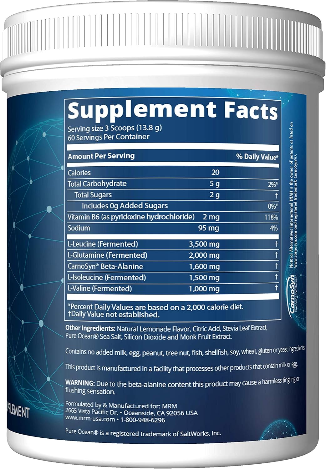 Lemon Flavored MRM BCAA+G RELOAD Post-Workout Recovery Powder - 840g, 60 Servings