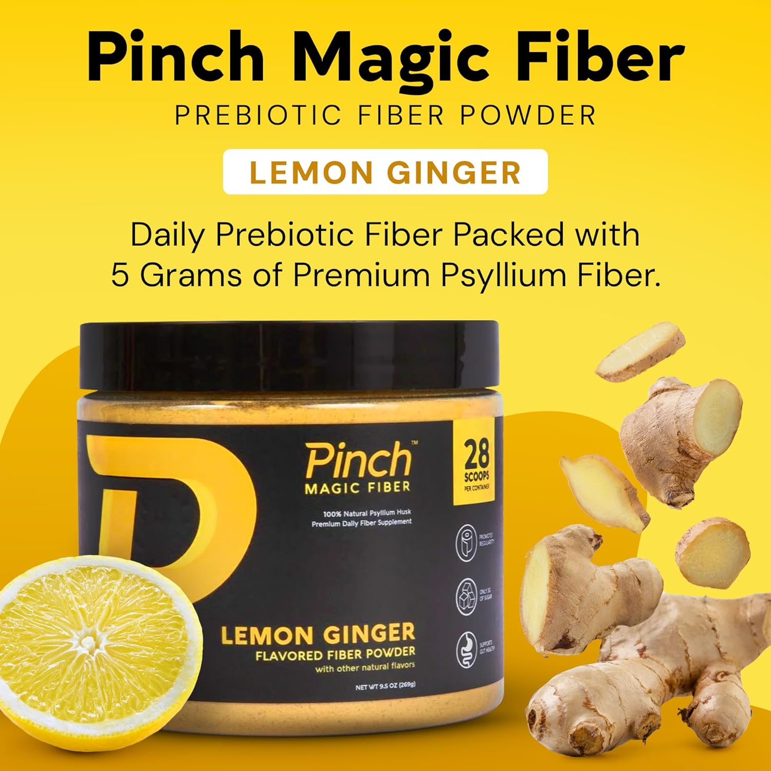 Lemon Ginger Flavored Psyllium Husk Fiber Powder for Digestive Health | Keto & Vegan Friendly | USA-Made | 28-Day Supply