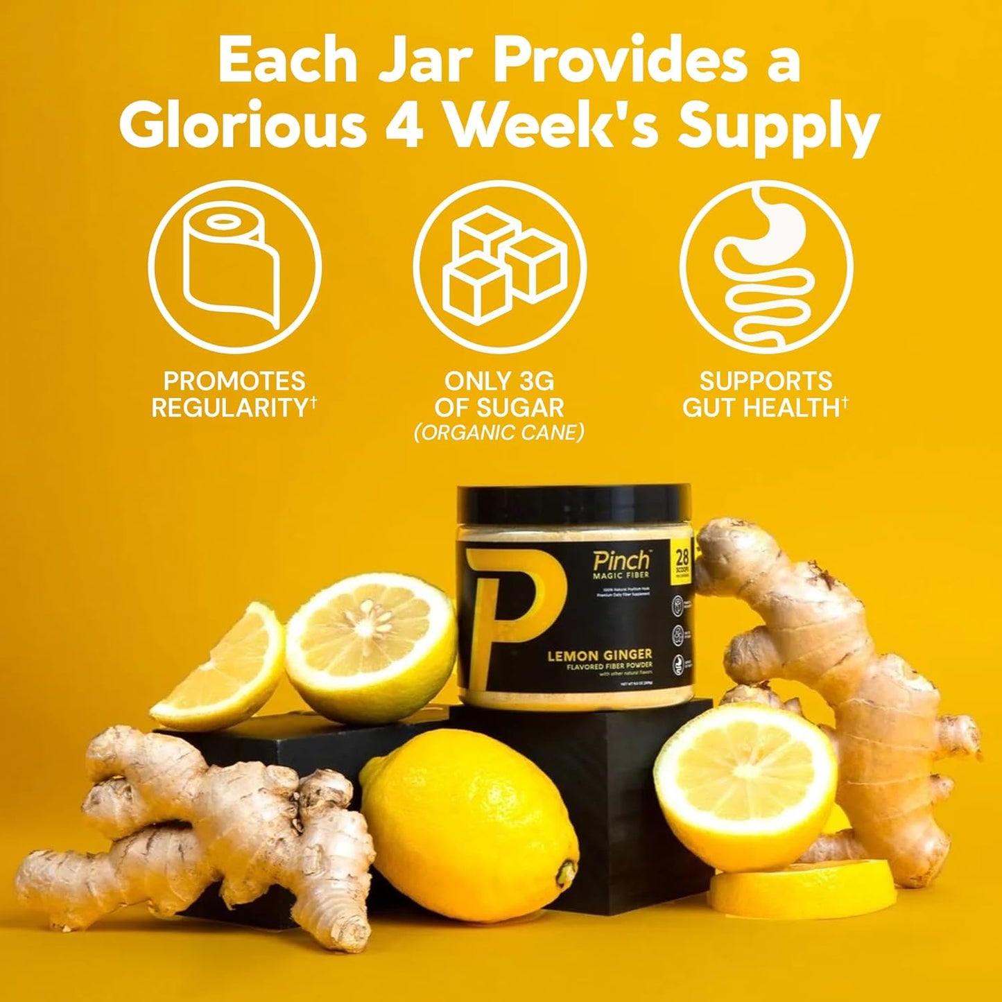 Lemon Ginger Flavored Psyllium Husk Fiber Powder for Digestive Health | Keto & Vegan Friendly | USA-Made | 28-Day Supply