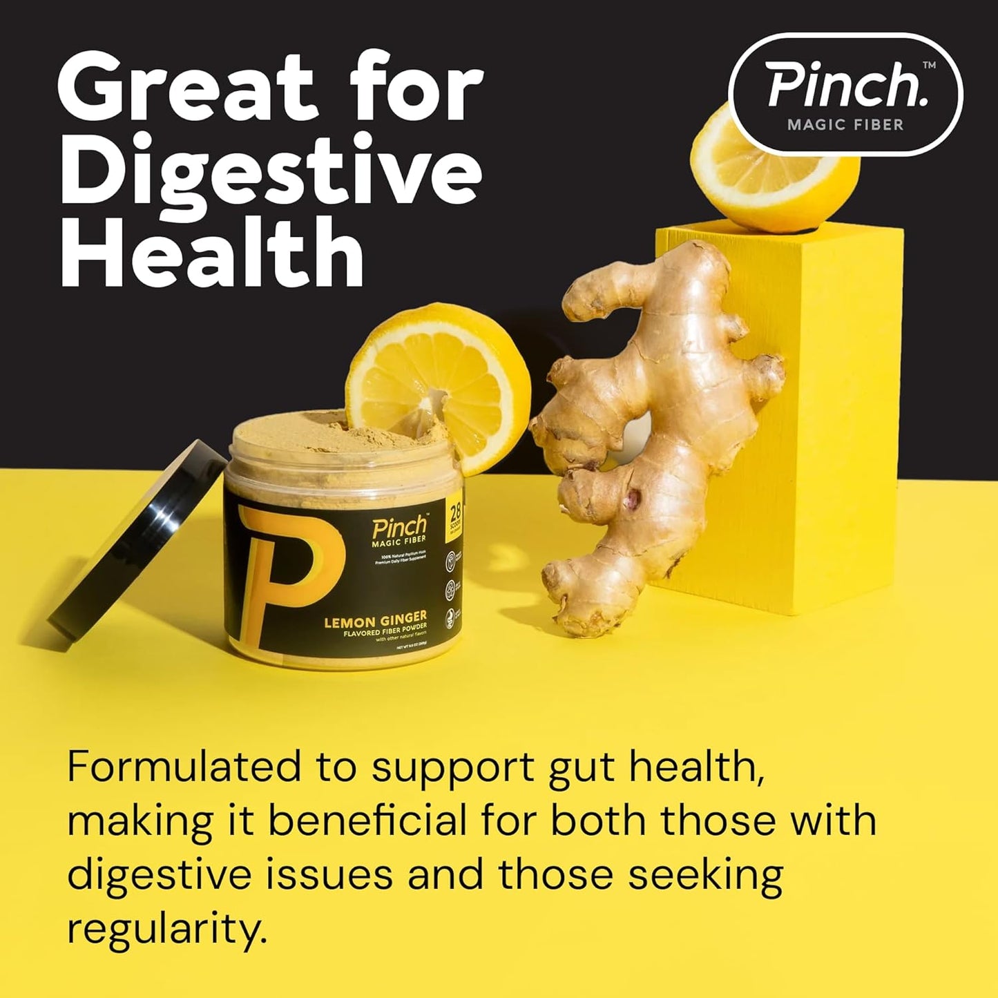 Lemon Ginger Flavored Psyllium Husk Fiber Powder for Digestive Health | Keto & Vegan Friendly | USA-Made | 28-Day Supply