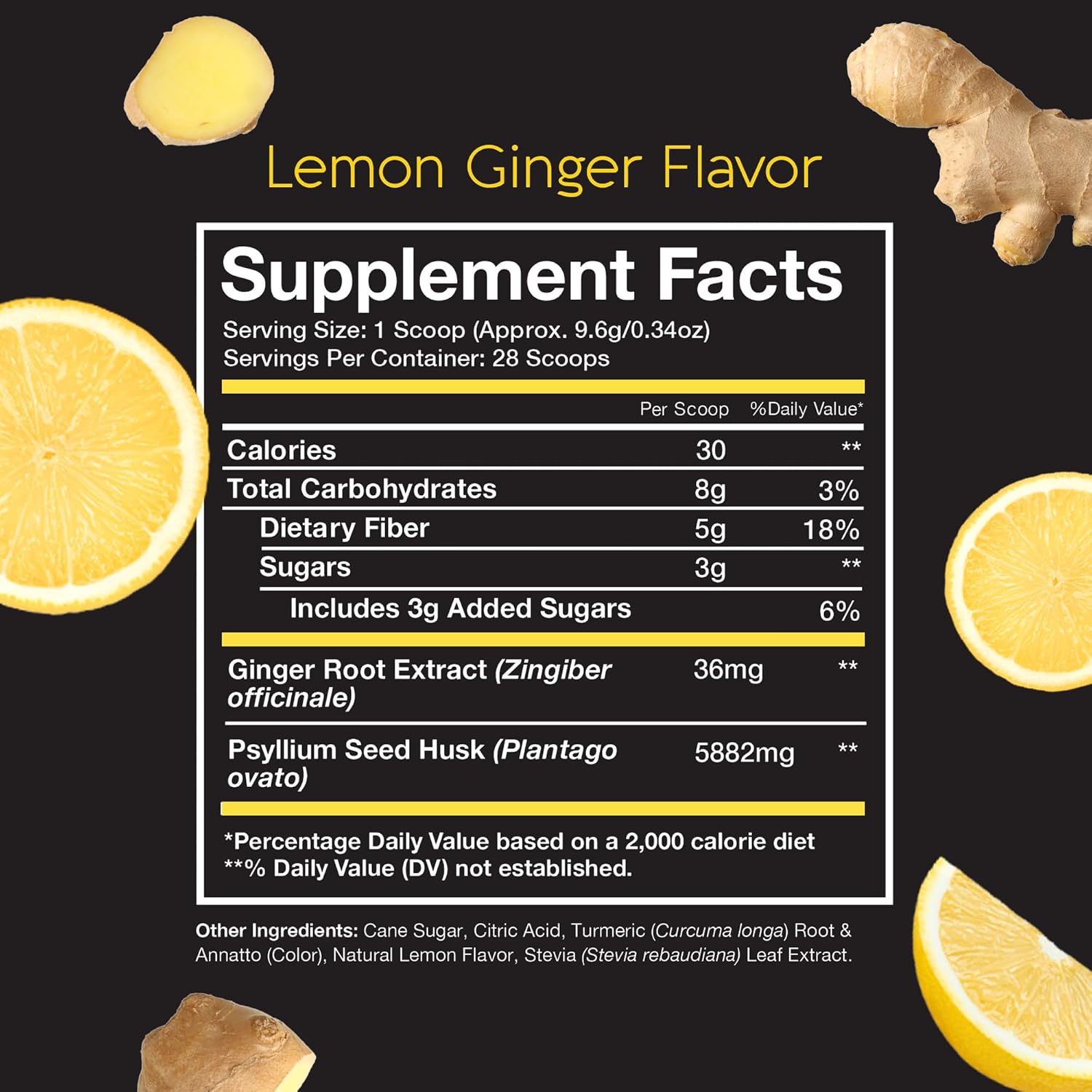 Lemon Ginger Flavored Psyllium Husk Fiber Powder for Digestive Health | Keto & Vegan Friendly | USA-Made | 28-Day Supply