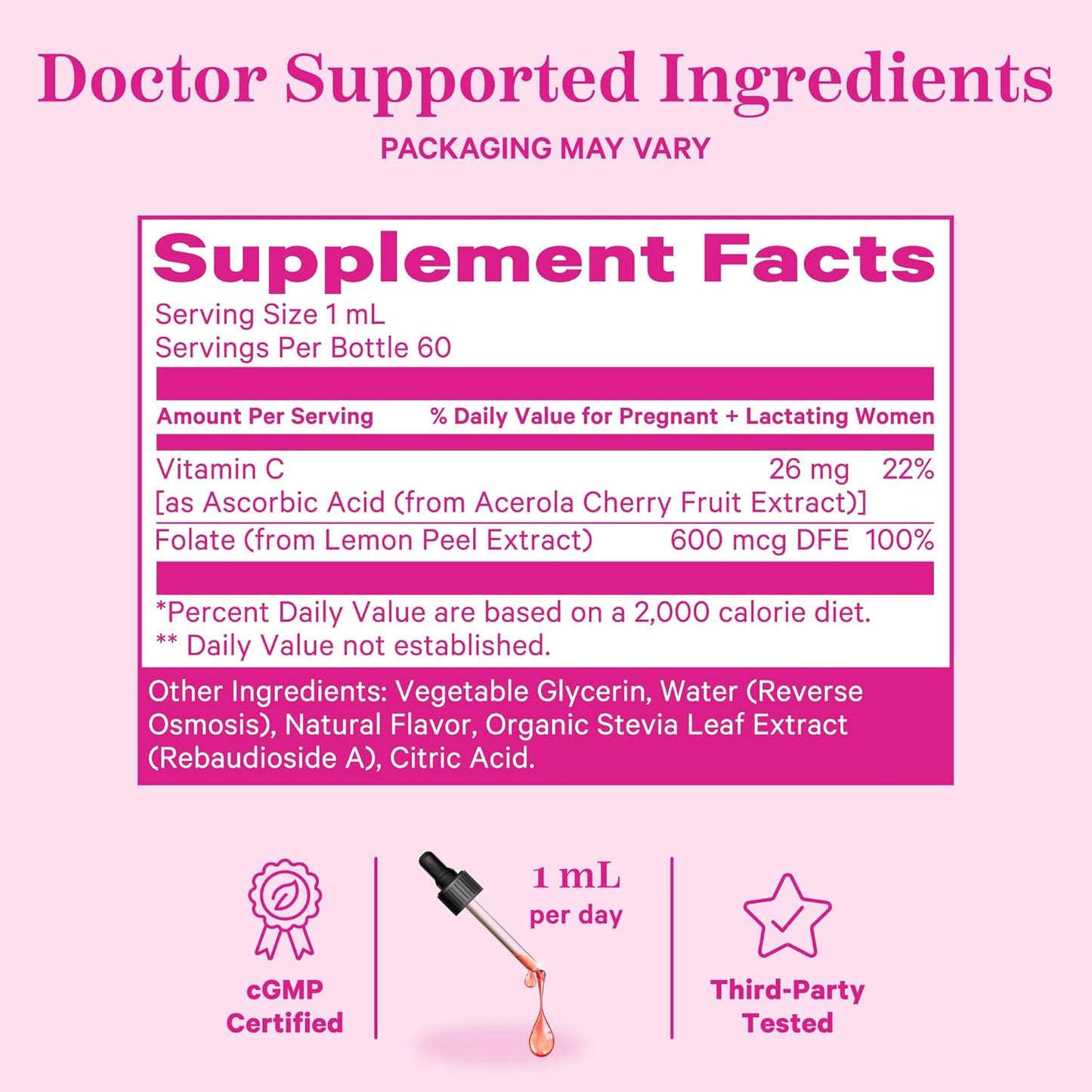 Lemon Peel Liquid Folate: Natural Folic Acid with Vitamin C, Prenatal Vitamins for Women, 2 oz