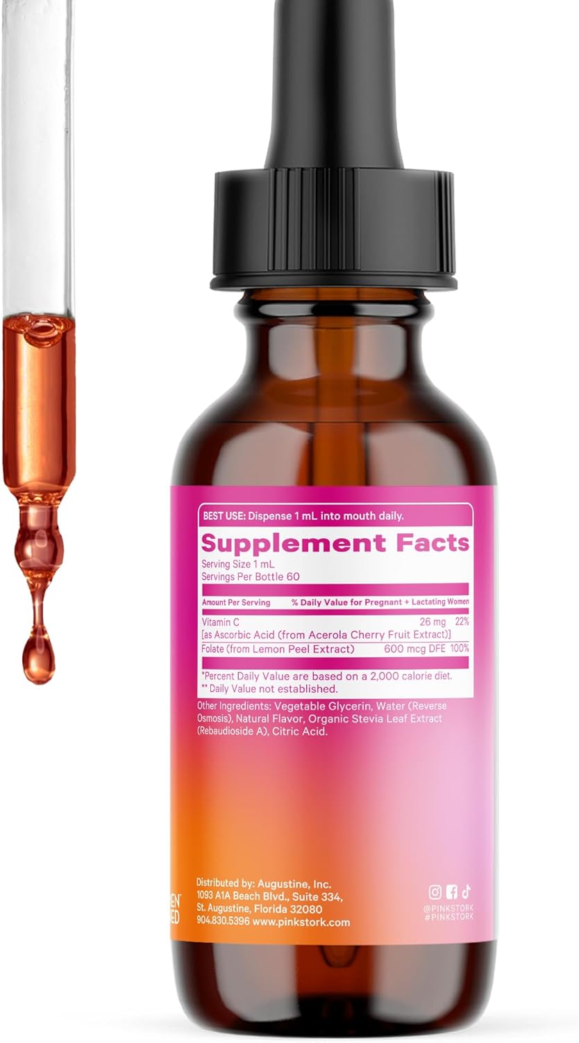 Lemon Peel Liquid Folate: Natural Folic Acid with Vitamin C, Prenatal Vitamins for Women, 2 oz