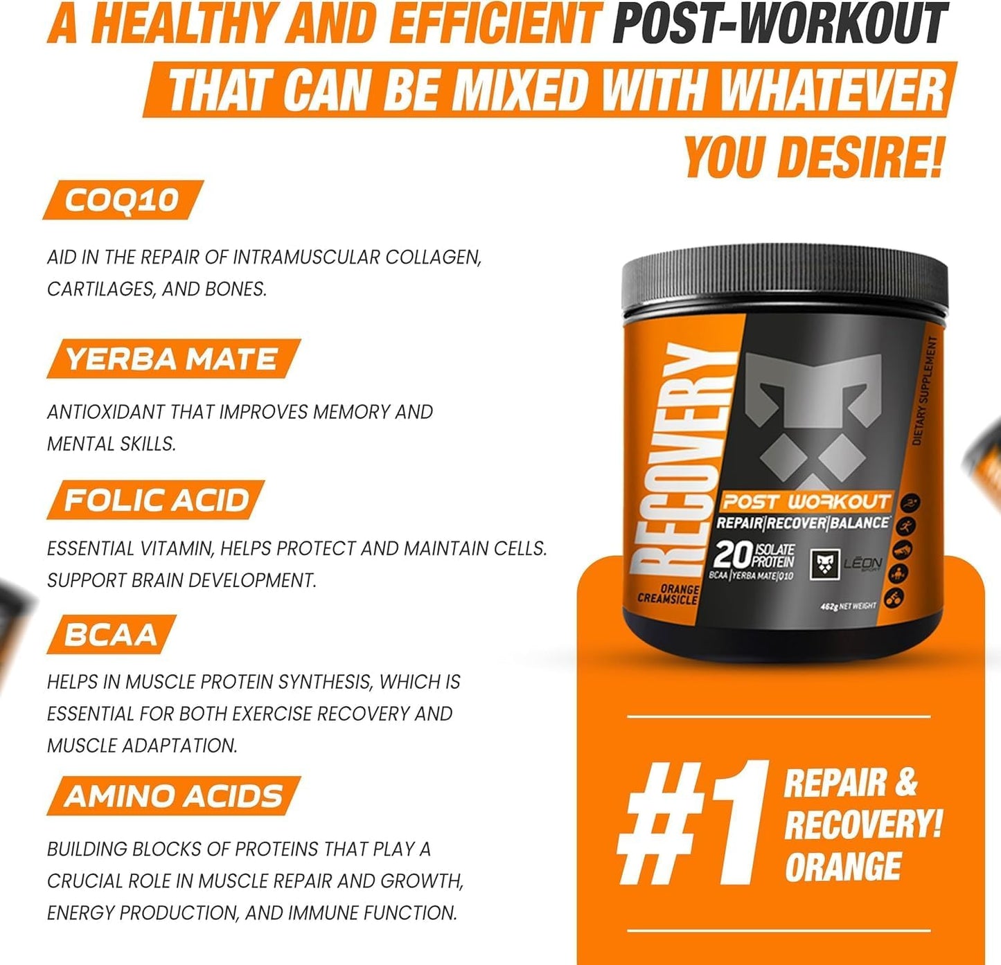 LEÓN SPORT Post Workout Recovery Powder with Protein, COQ10, Amino Acids, BCAA - 14 Servings