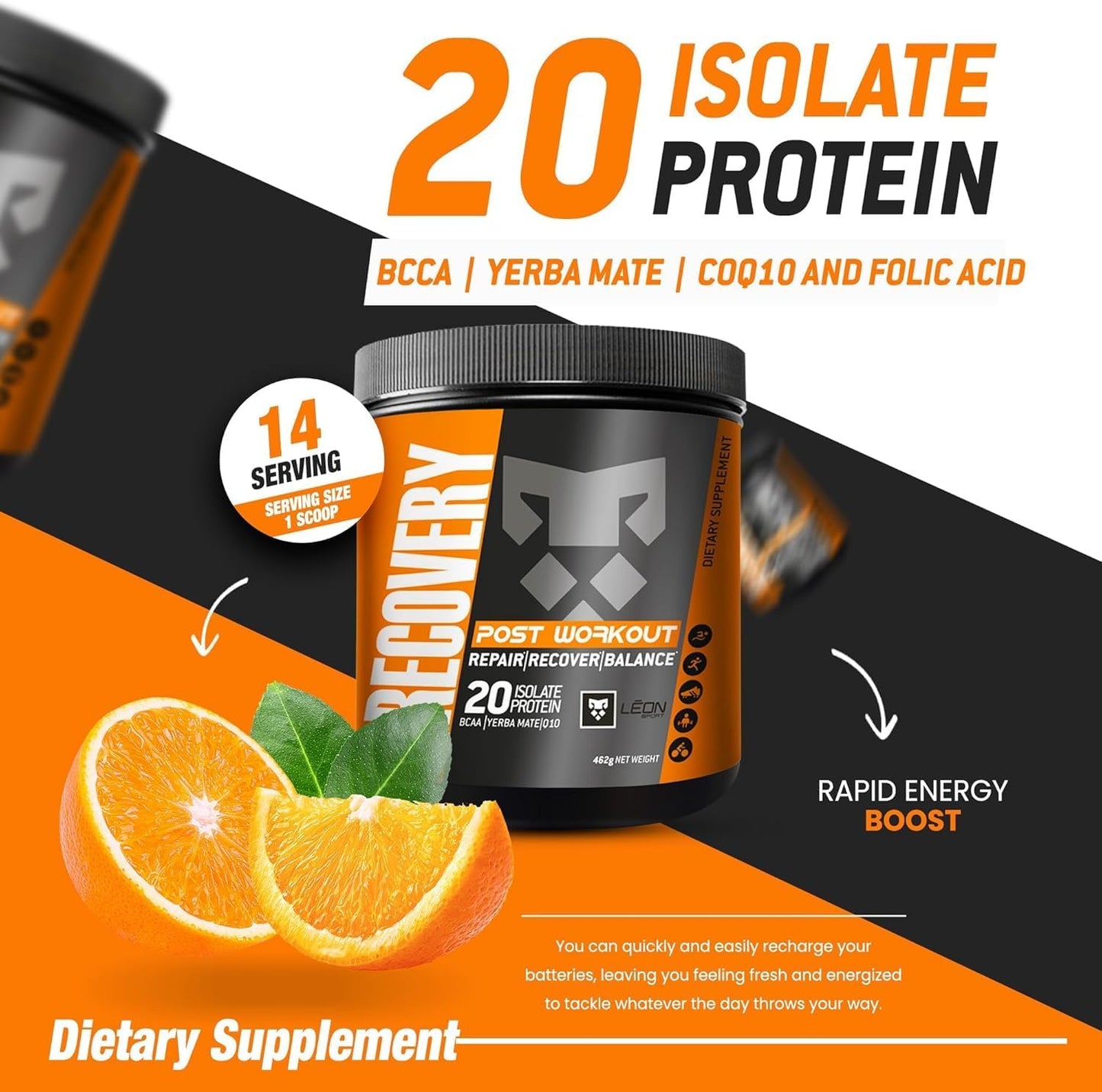 LEÓN SPORT Post Workout Recovery Powder with Protein, COQ10, Amino Acids, BCAA - 14 Servings