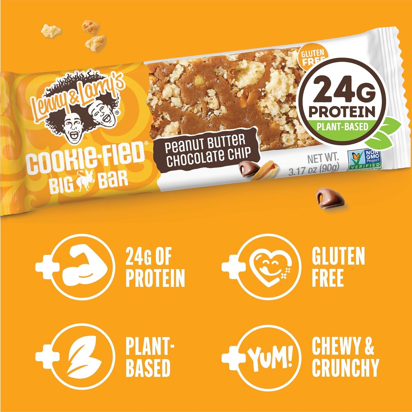 Lenny & Larry's Peanut Butter Chocolate Chip Vegan Protein Bars - 12 Pack of 90g Cookie-fied BIG BAR - High Protein, High Fiber, Gluten-Free, Keto-Friendly Snacks