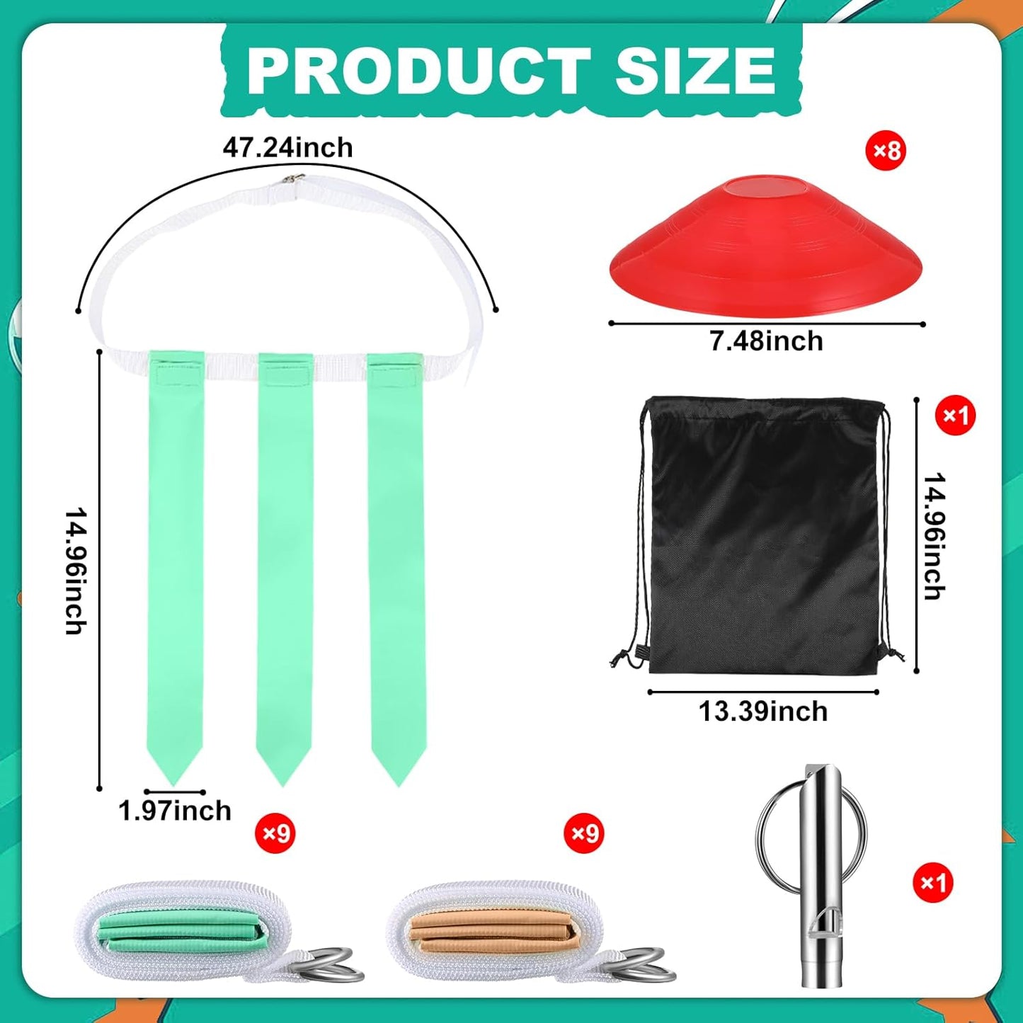 Lenwen Flag Football Set with 18 Players, Adjustable Belts, Pinnies, Jerseys, Flags, and Cones for Kids, Teens, and Adults Training and Competition