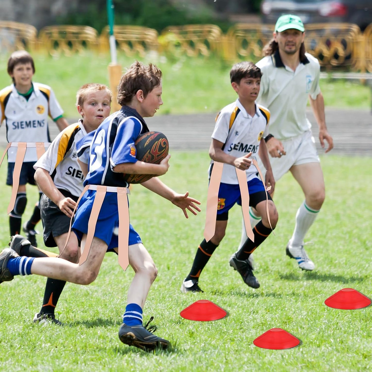 Lenwen Flag Football Set with 18 Players, Adjustable Belts, Pinnies, Jerseys, Flags, and Cones for Kids, Teens, and Adults Training and Competition