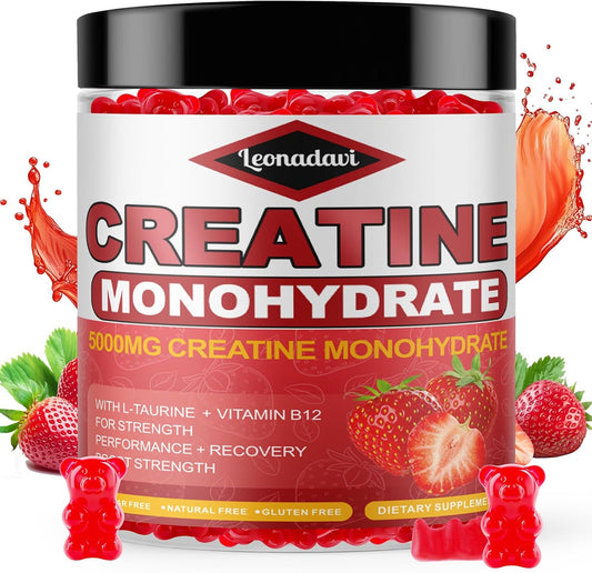 Leonadavi Creatine Monohydrate Gummies 6200mg - Muscle Builder with L-Taurine & Vitamin B12 - Strawberry Flavor - 120 Count
