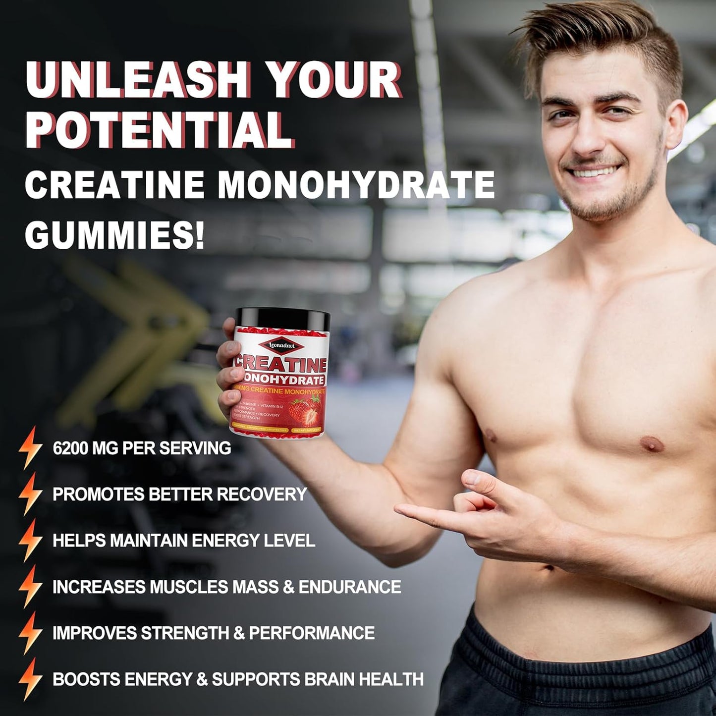 Leonadavi Creatine Monohydrate Gummies 6200mg - Muscle Builder with L-Taurine & Vitamin B12 - Strawberry Flavor - 120 Count