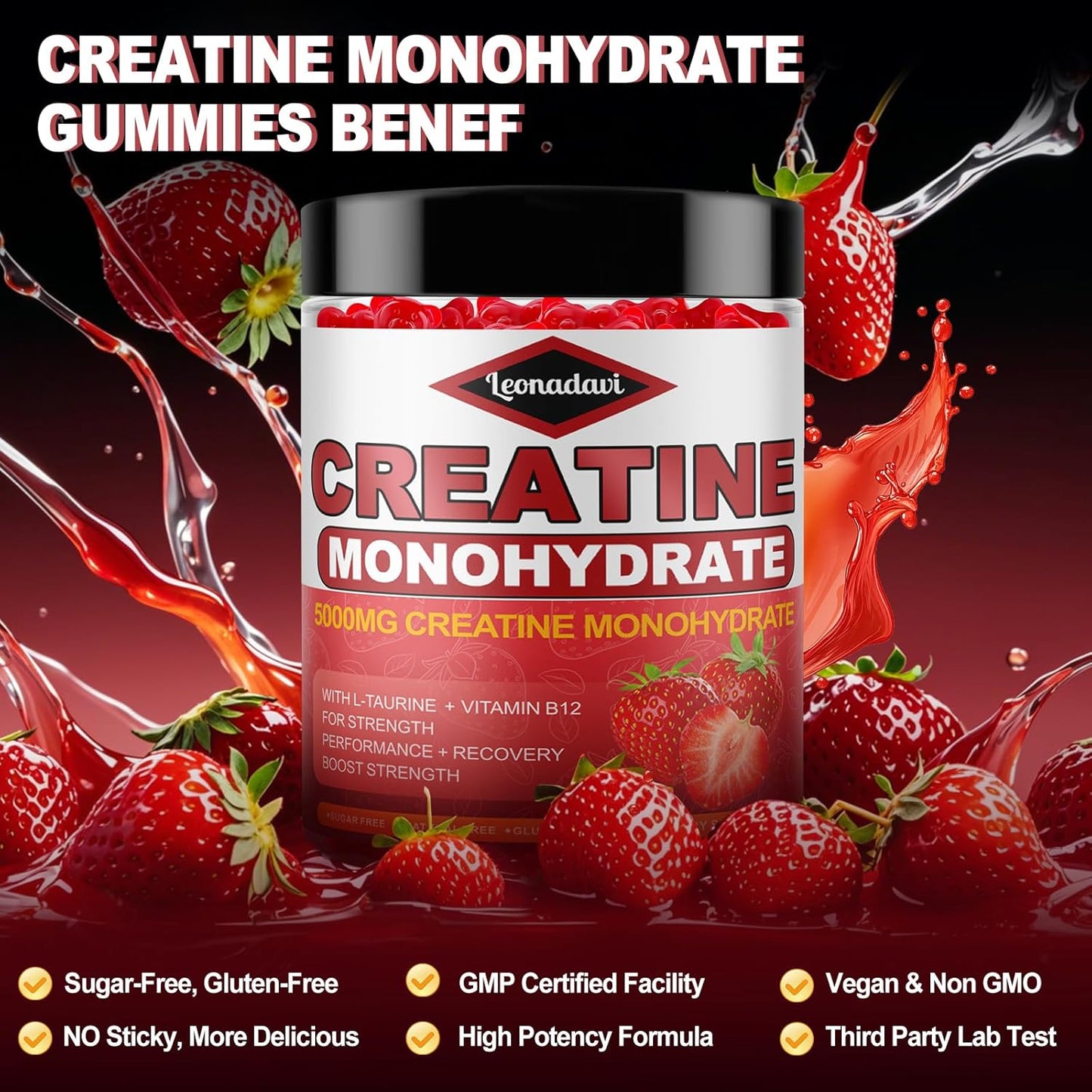 Leonadavi Creatine Monohydrate Gummies 6200mg - Muscle Builder with L-Taurine & Vitamin B12 - Strawberry Flavor - 120 Count