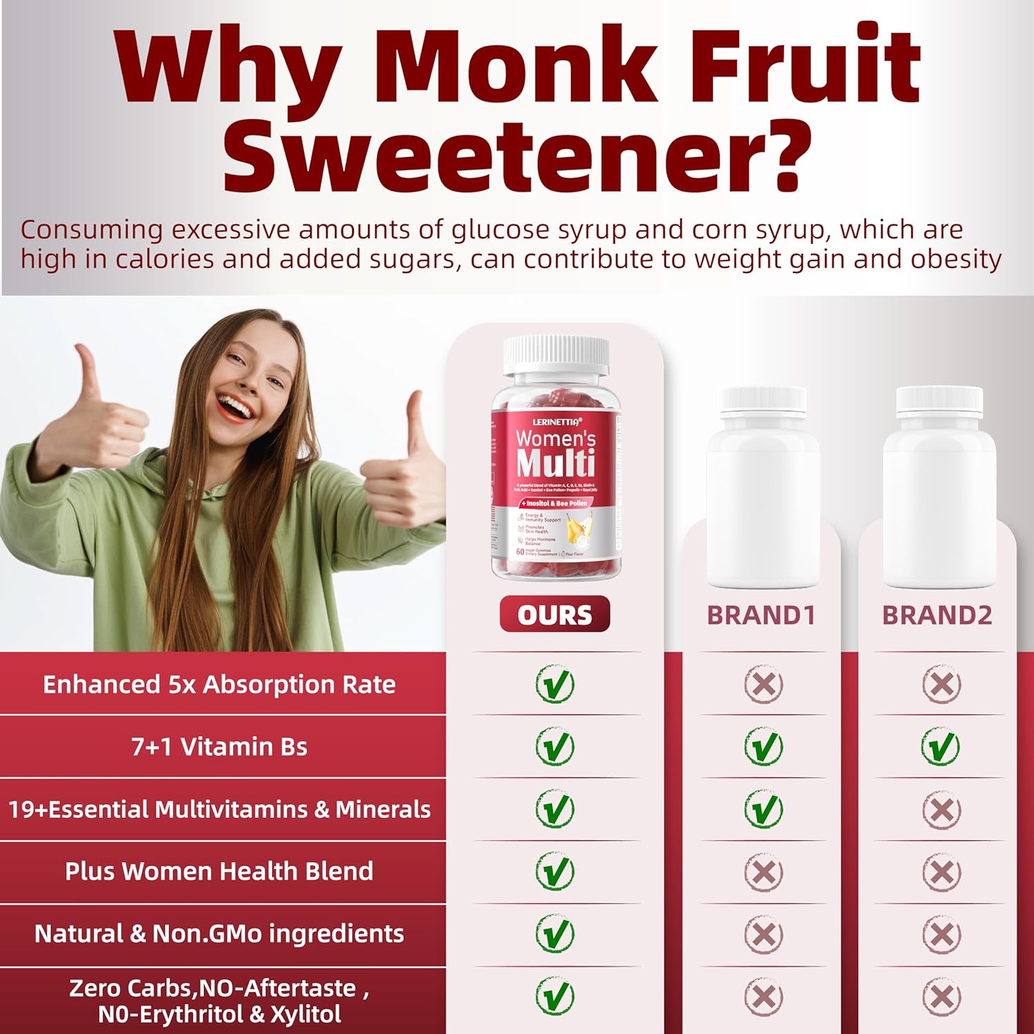 Lerinettia Women's 50+ Multivitamin with Immune Health Support, Calcium, Zinc - 120 Count Vegan Formula