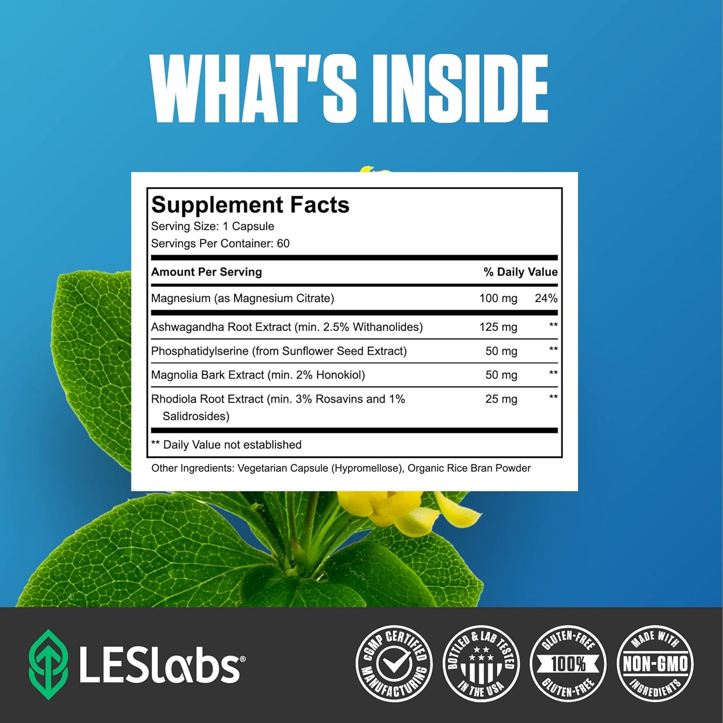 LES Labs Cortisol Health Capsules - Natural Stress Relief & Sleep Aid with Phosphatidylserine, Magnesium, and Adaptogens - Non-GMO - 60 Count