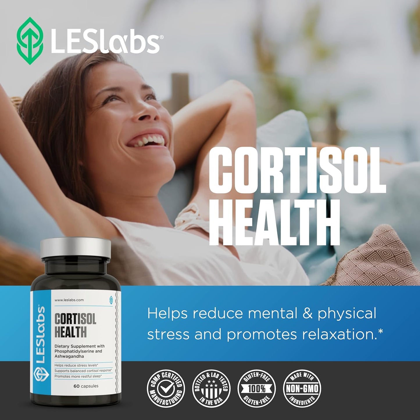 LES Labs Cortisol Health Capsules - Natural Stress Relief & Sleep Aid with Phosphatidylserine, Magnesium, and Adaptogens - Non-GMO - 60 Count