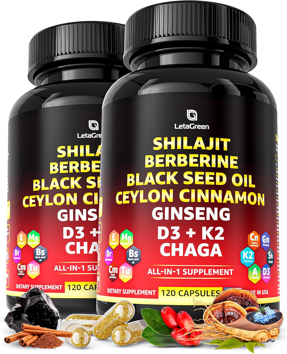 LetaGreen Pure Himalayan Shilajit Capsules - Fulvic Acid Supplement with Berberine, Ceylon Cinnamon, Black Seed Oil, and Ginseng - Pack of 2