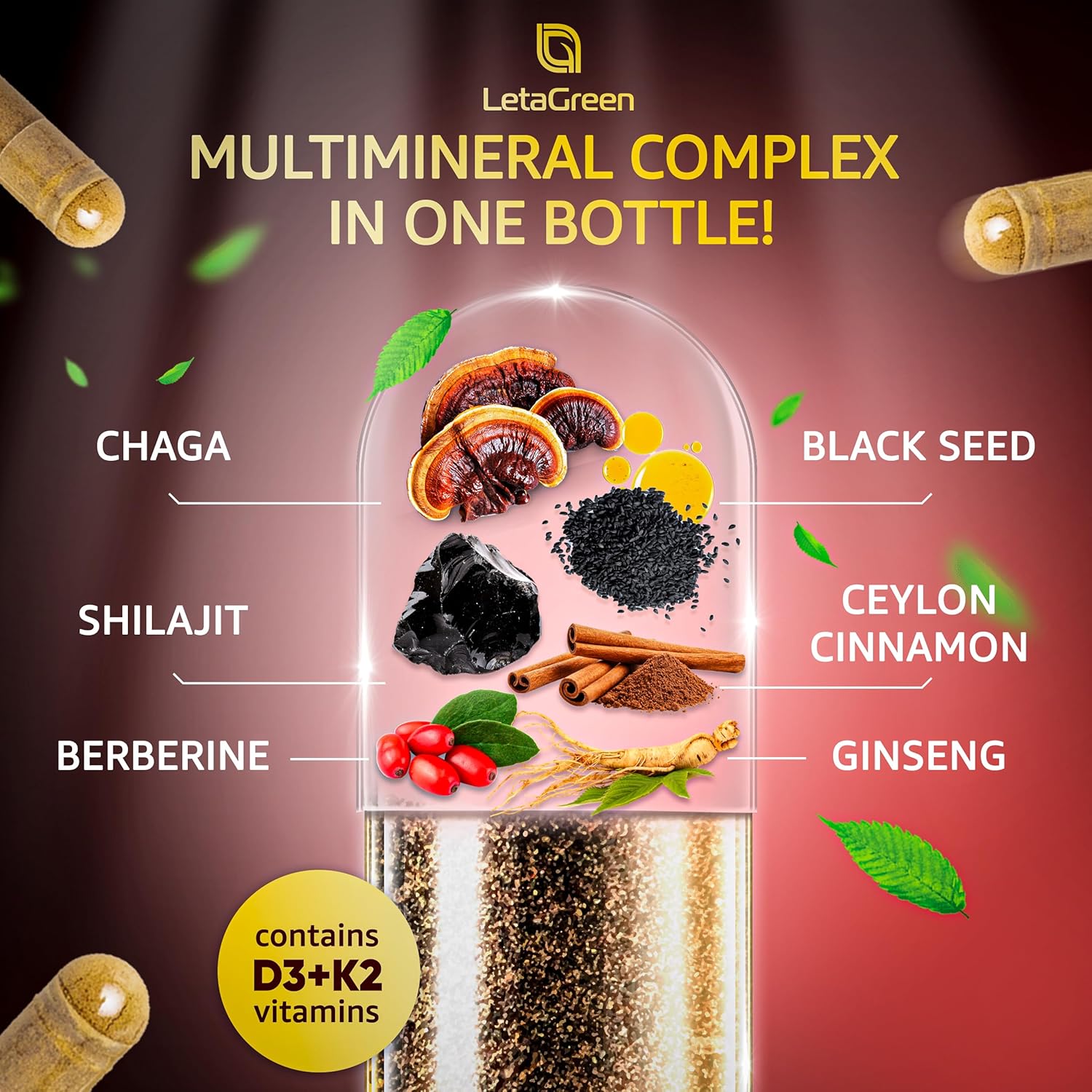 LetaGreen Pure Himalayan Shilajit Capsules - Fulvic Acid Supplement with Berberine, Ceylon Cinnamon, Black Seed Oil, and Ginseng - Pack of 2