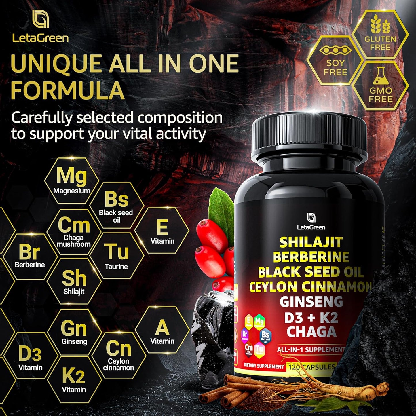LetaGreen Pure Himalayan Shilajit Capsules - Fulvic Acid Supplement with Berberine, Ceylon Cinnamon, Black Seed Oil, and Ginseng - Pack of 2